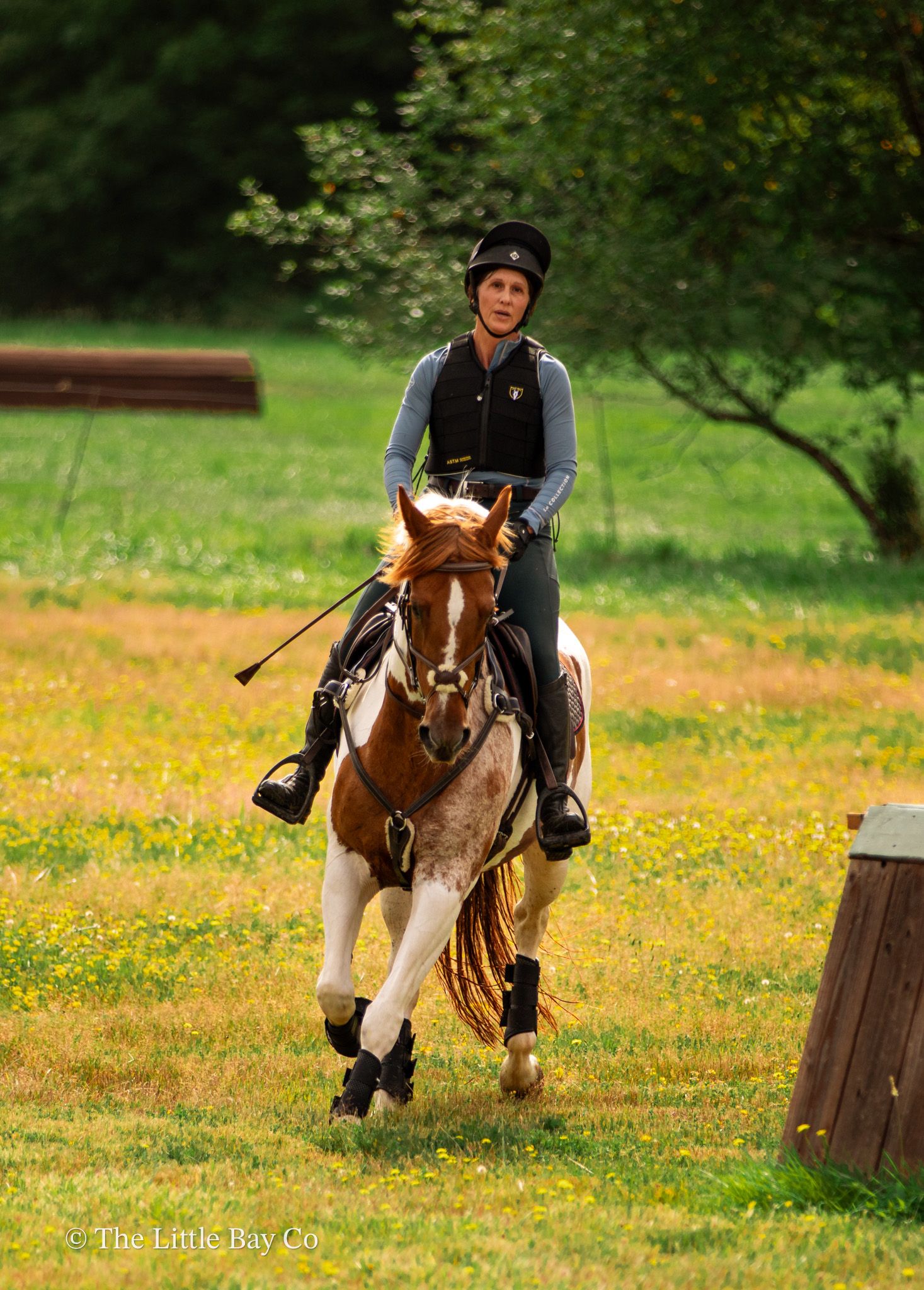 Woman in helmet riding a chestnut horse across a green field with yellow wildflowers during an equestrian event.