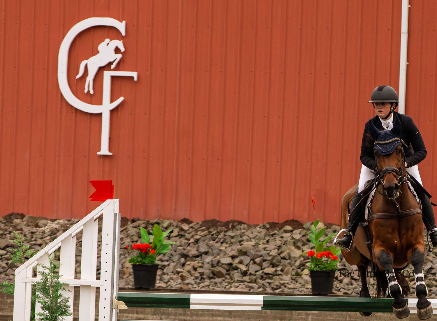 Equestrian rider on brown horse competing at show jumping event near red barn with CF logo.