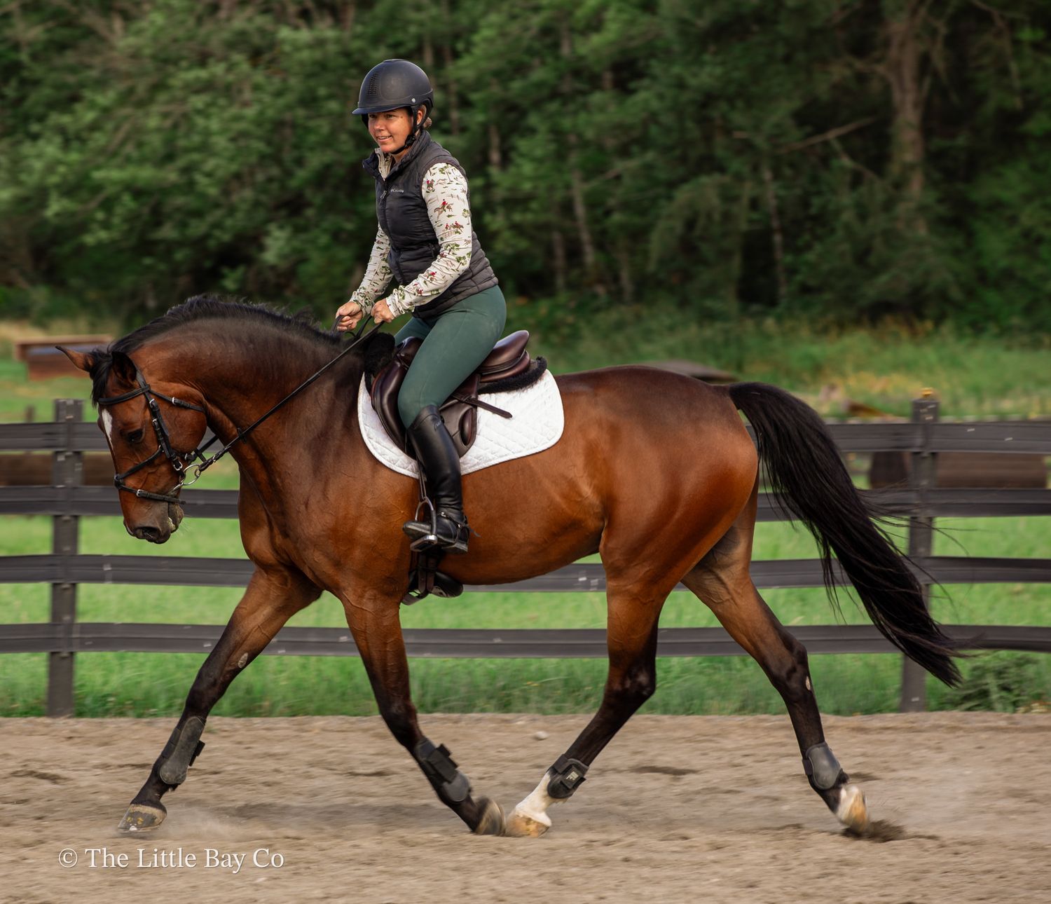 Rider in helmet and green jacket on a bay horse trotting in an outdoor arena with wooden fencing.