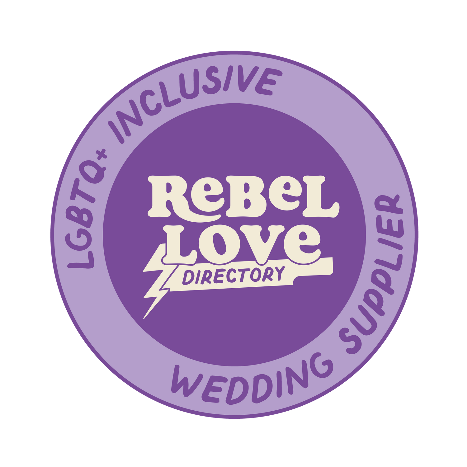 Purple circular badge with Rebel Love Directory text and lightning bolt design for LGBTQ+ inclusive wedding suppliers.