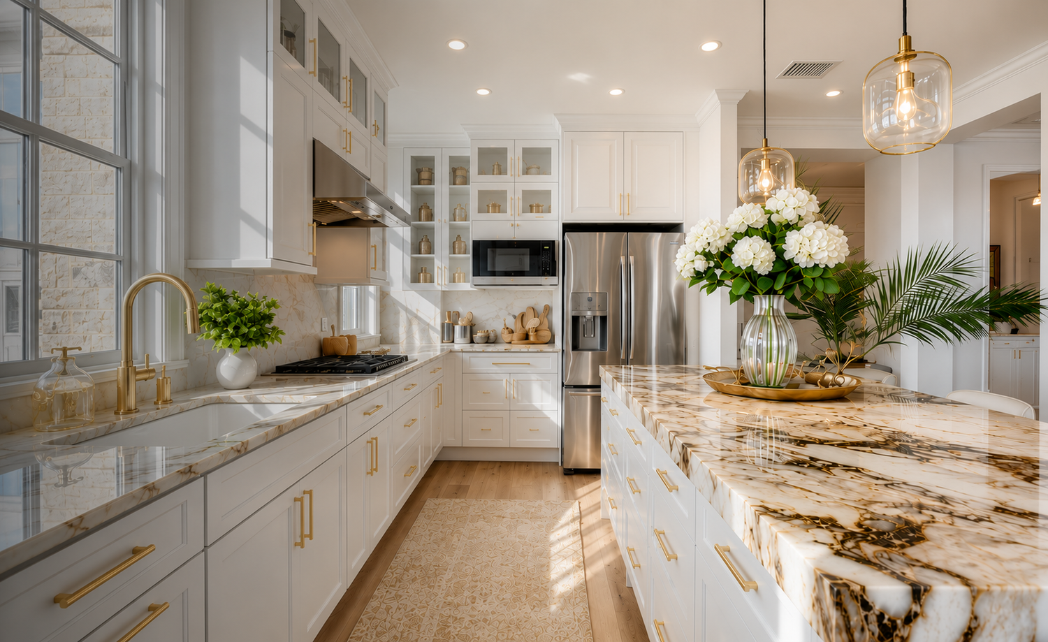 Polished marble kitchen countertops restored to a high-gloss finish by Stone Care Pros.