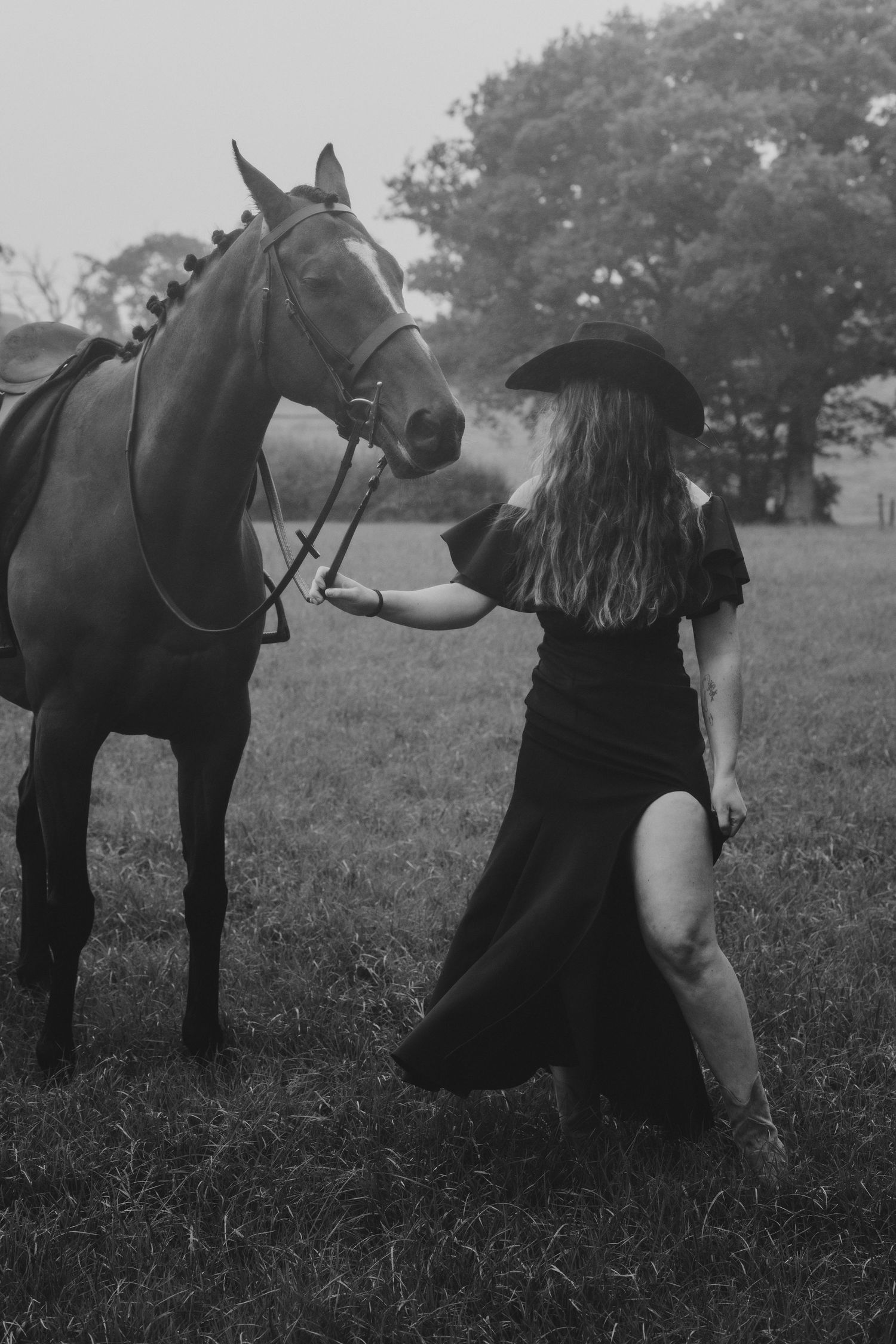 A sequence of black and white photos showing a person in dark clothing interacting with a black horse in a grassy field.
