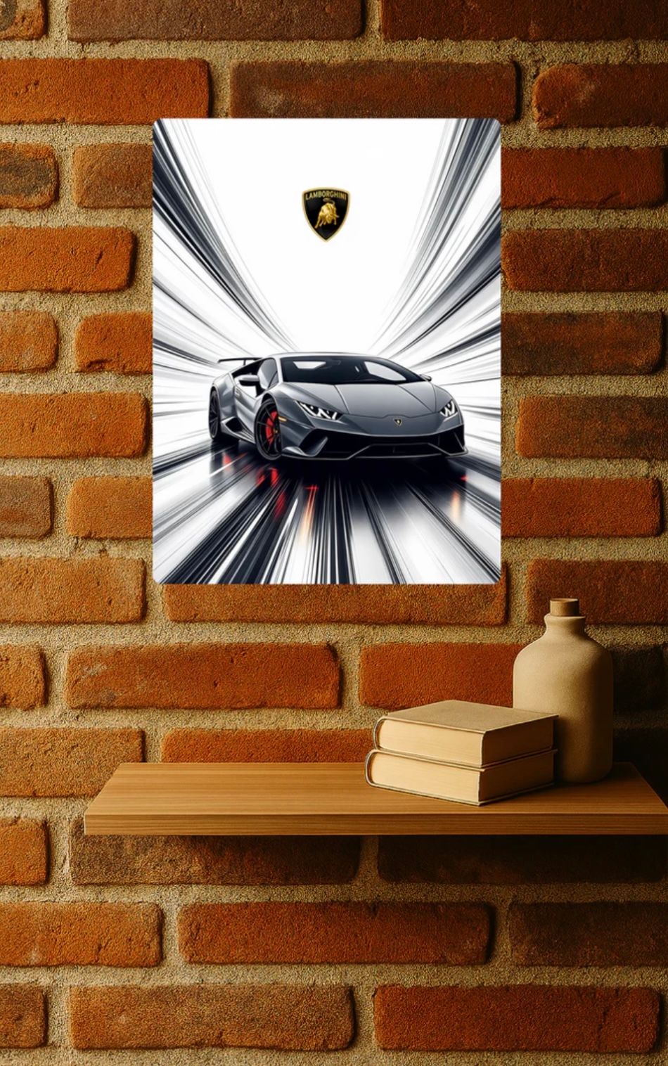 Three modern Lamborghini sports car canvas prints displayed on a rustic brick wall with wooden shelving.