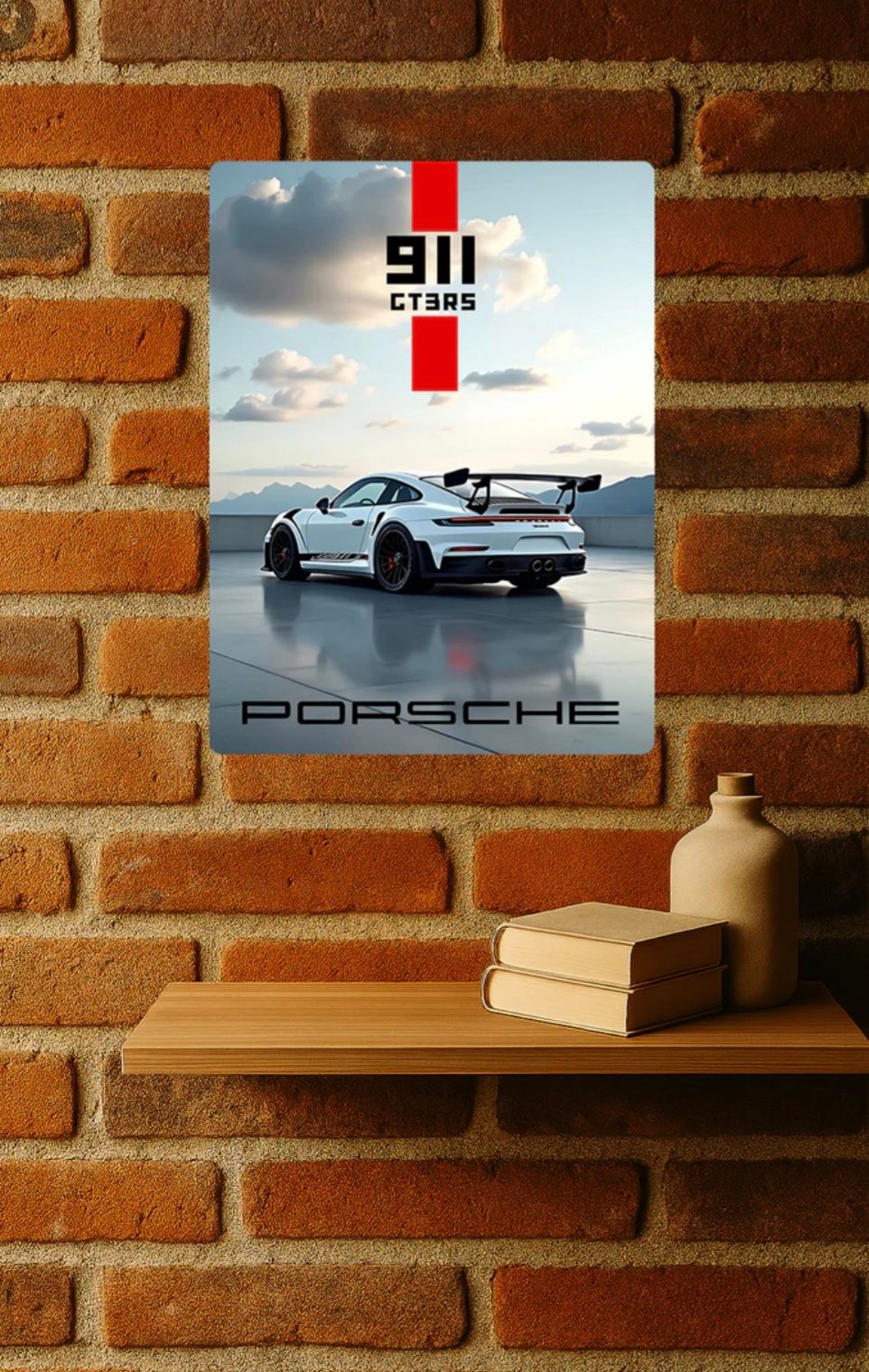 Modern Porsche sports car artwork displayed on wooden shelves against a rustic brick wall with minimalist decor.