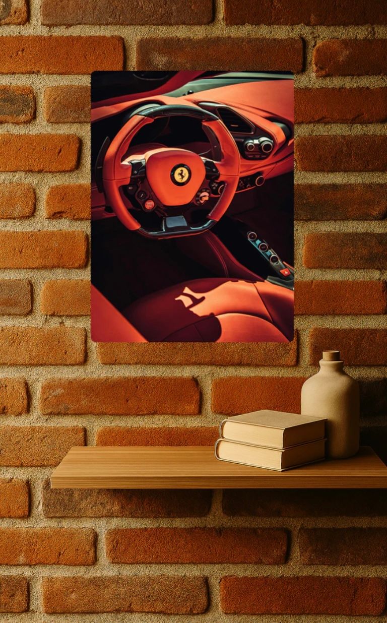 A Ferrari steering wheel and interior artwork displayed on a brick wall above wooden shelf with vintage books.