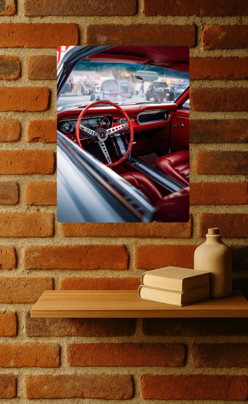 Books sit on a wooden shelf against an exposed brick wall with framed automotive photos above.