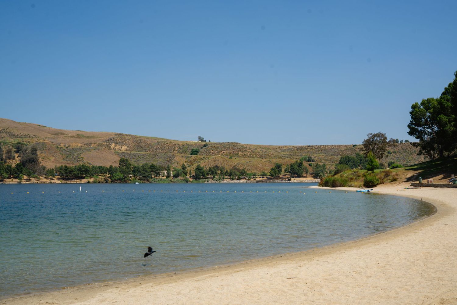 Calm sandy beach curves along a serene lake with clear blue water, surrounded by dry hills and trees under a bright sky.