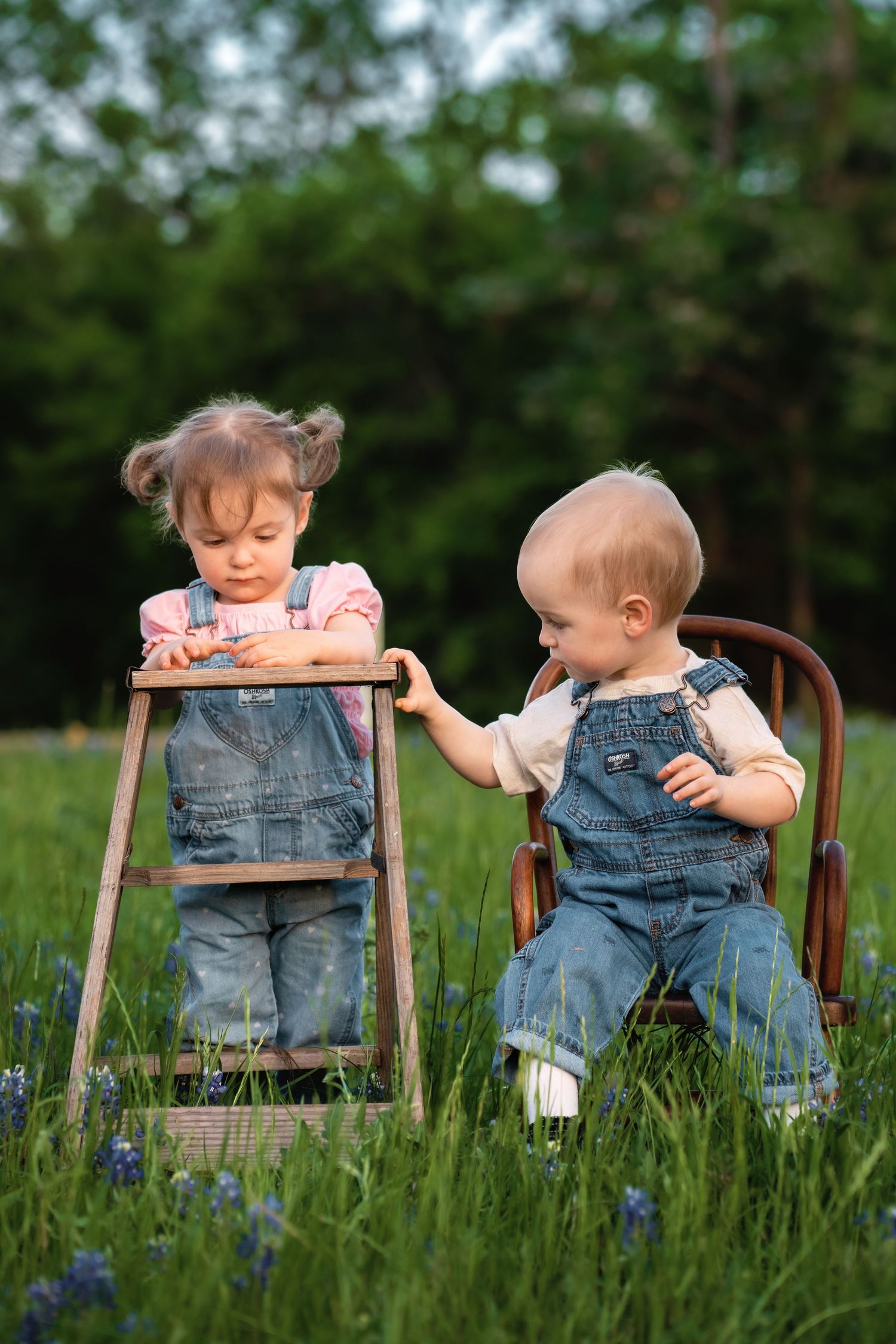 Small child in overalls sits in wooden chair surrounded by tall grass and wildflowers in outdoor setting.