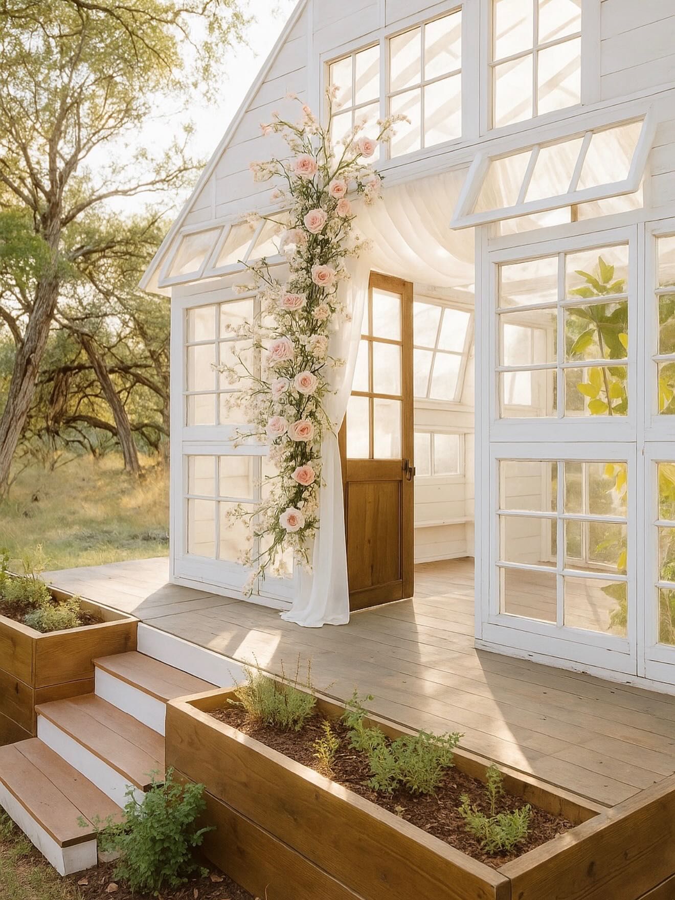 A series of sunlit greenhouse windows with wooden steps and built-in planters create a bright indoor garden space.