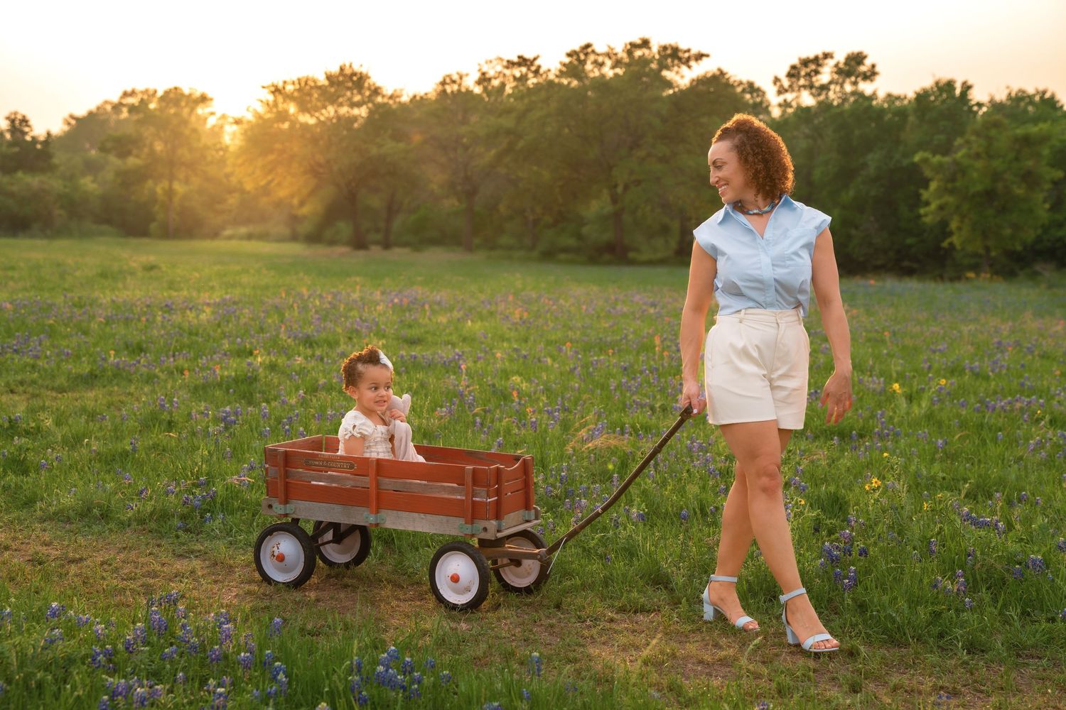 A red wagon is pulled through a wildflower meadow at golden sunset with trees in the background.