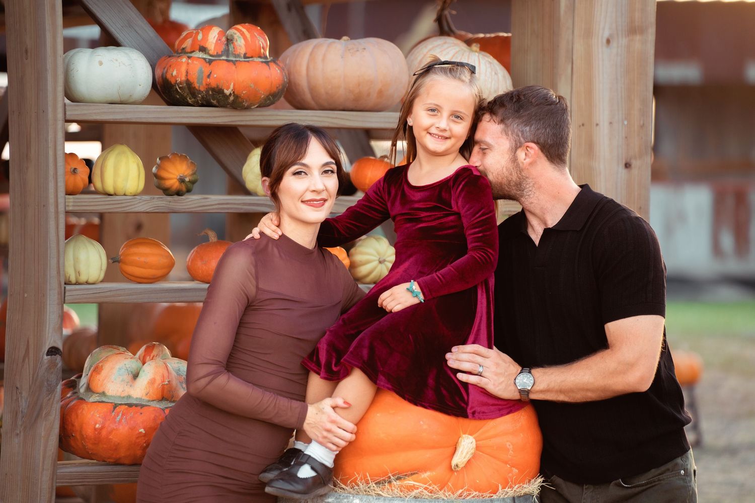 Family of three posing at a pumpkin patch, parents kissing their young daughter in a maroon velvet dress.