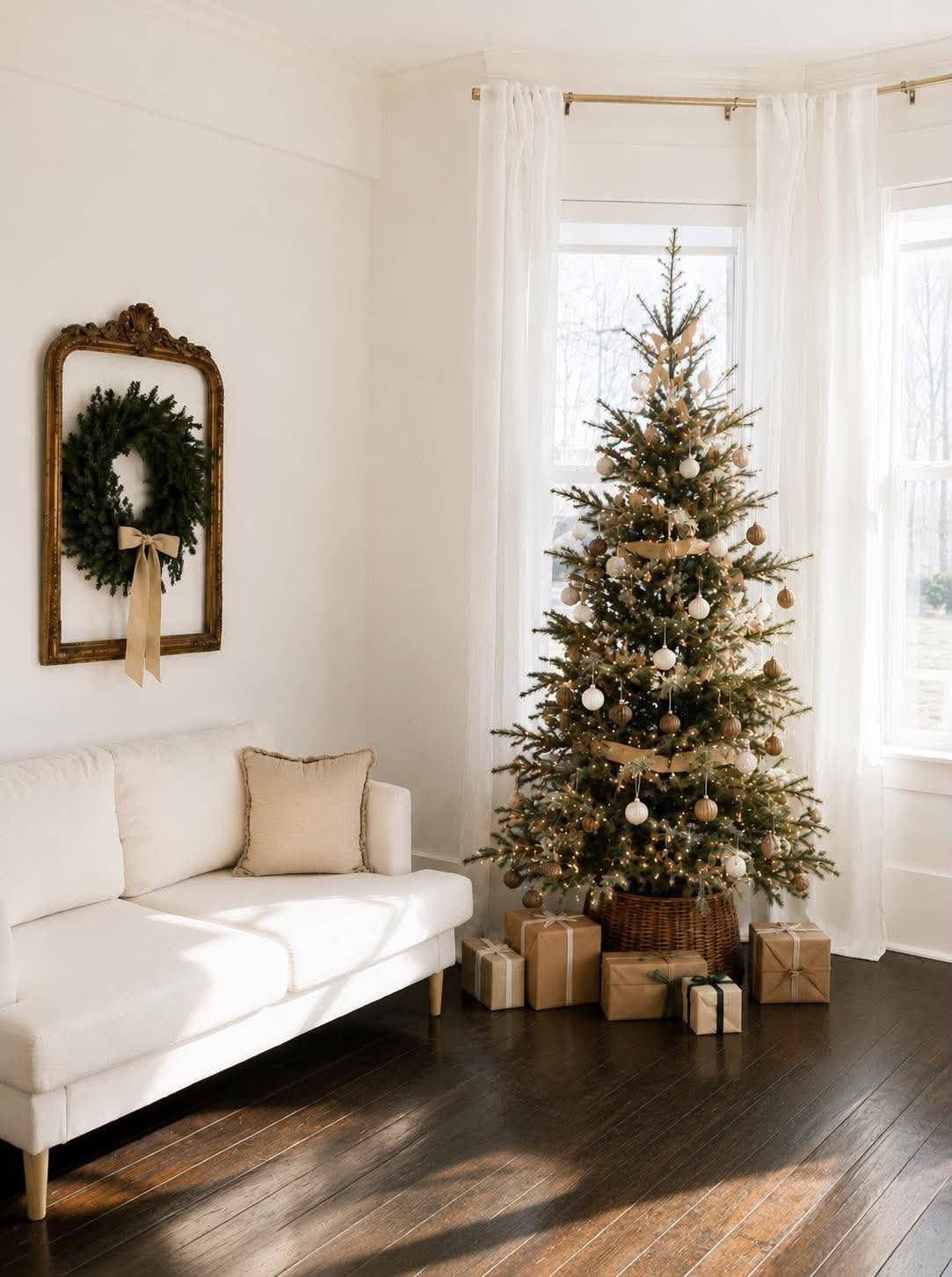 Elegant white living room with decorated Christmas tree, wrapped gifts, wreath on gold mirror, and white sofa on dark hardwood floors.