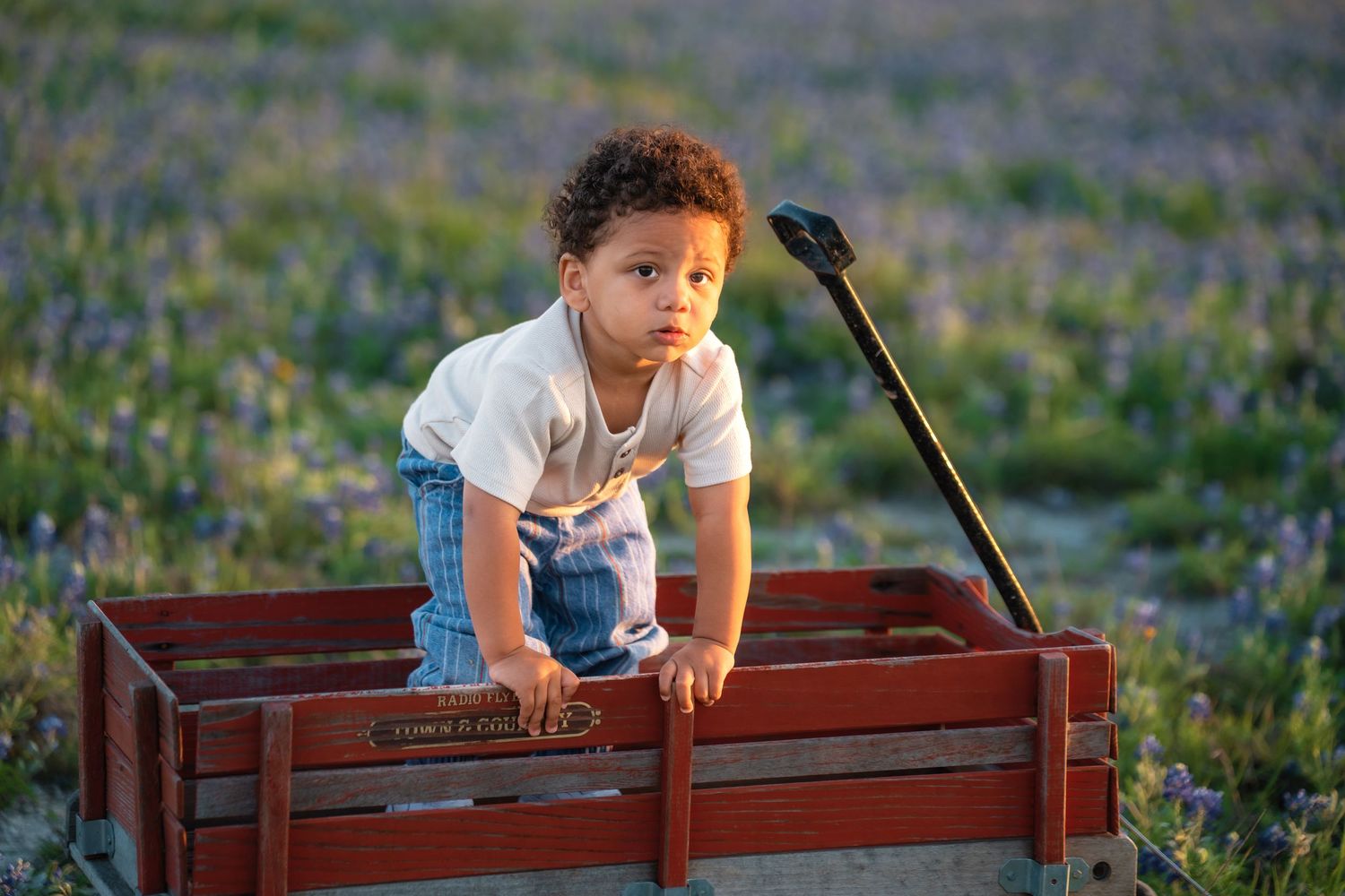 A child explores a rustic wooden wagon surrounded by blooming wildflowers in a meadow during golden hour.