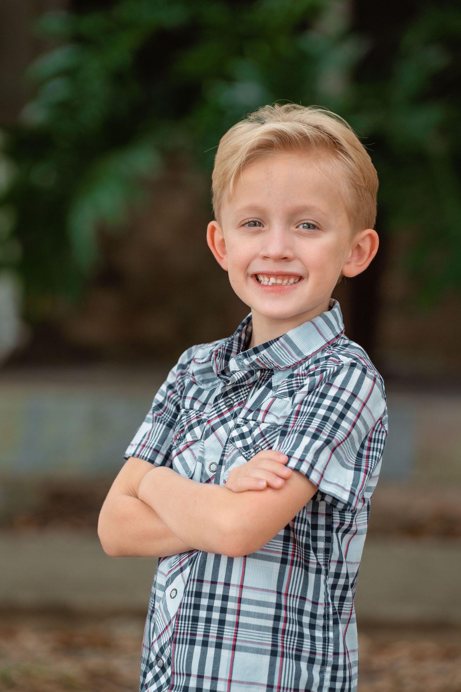 Candid sequence of outdoor portraits with a checkered shirt and natural expressions.