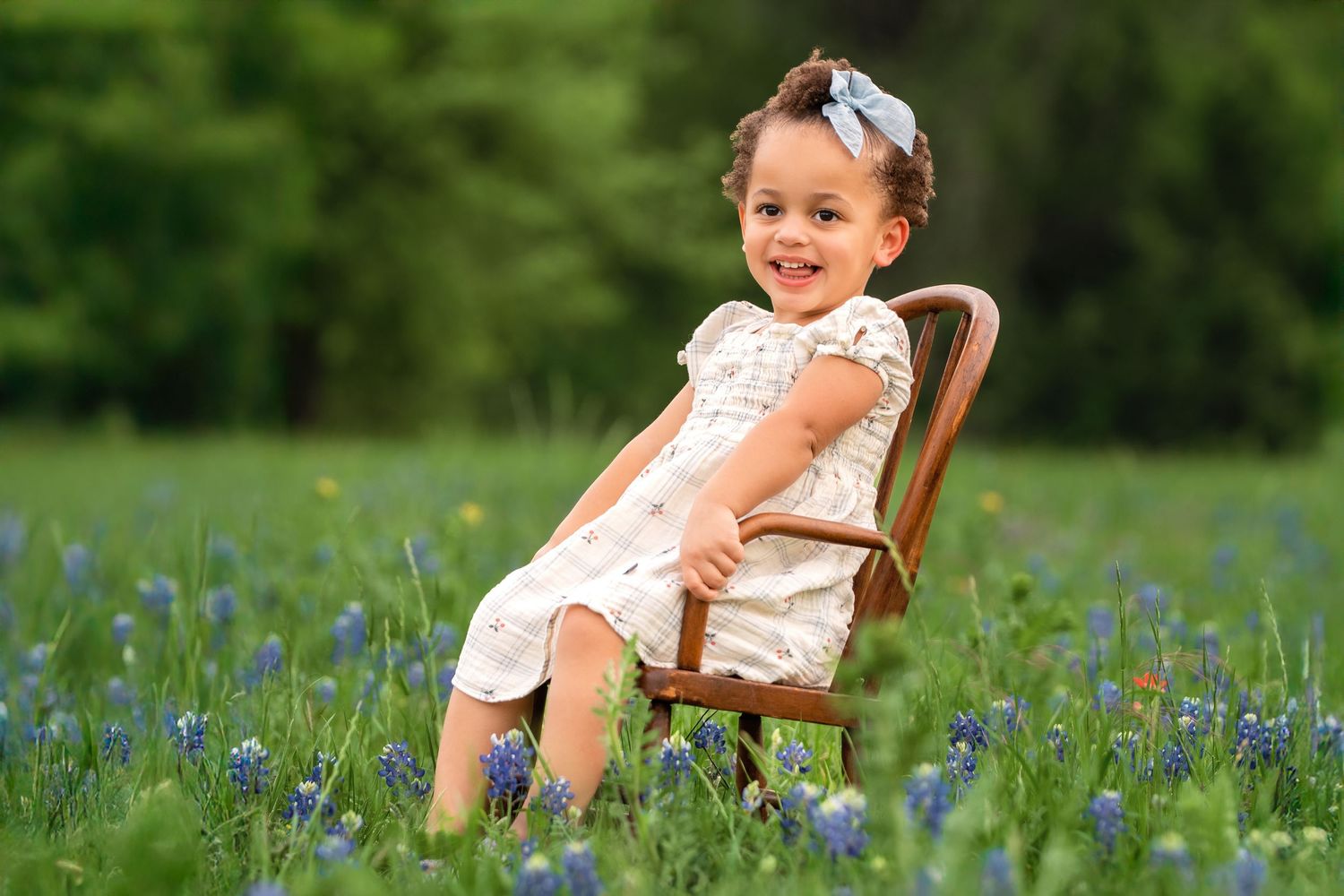 A child sits in a wooden chair among blooming blue wildflowers in a sunny meadow.