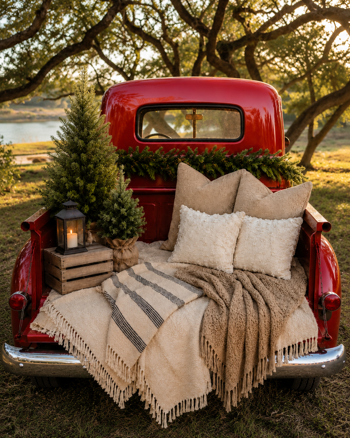 Red vintage truck bed styled with cozy pillows, fringed blankets, a lantern, and a Christmas tree for a rustic holiday scene.