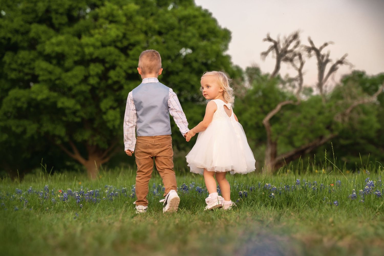 Two young children walk hand in hand through a field of bluebonnets during golden hour.