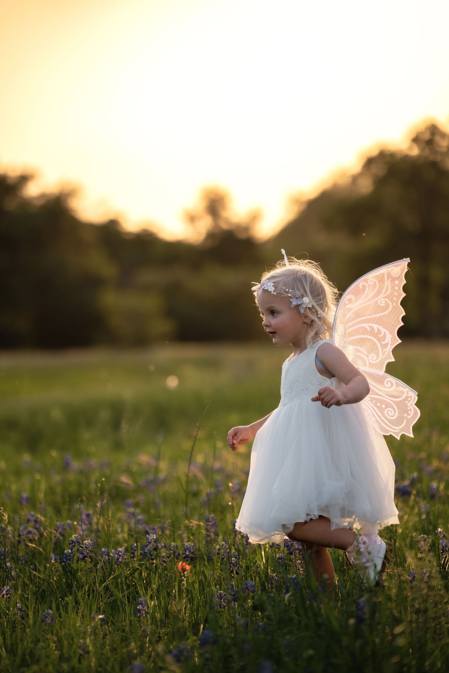 A child in a white fairy dress with wings plays in a wildflower meadow at sunset.