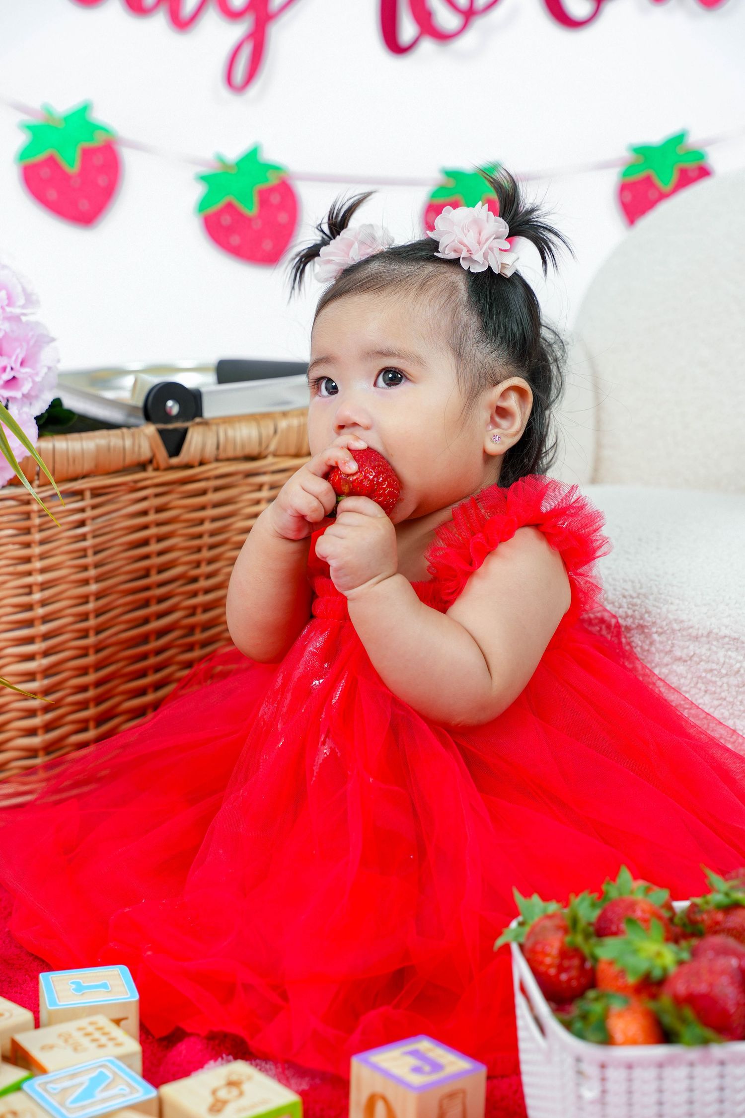 Baby in red tulle dress sits among strawberry decorations and picnic baskets during a themed photo session.