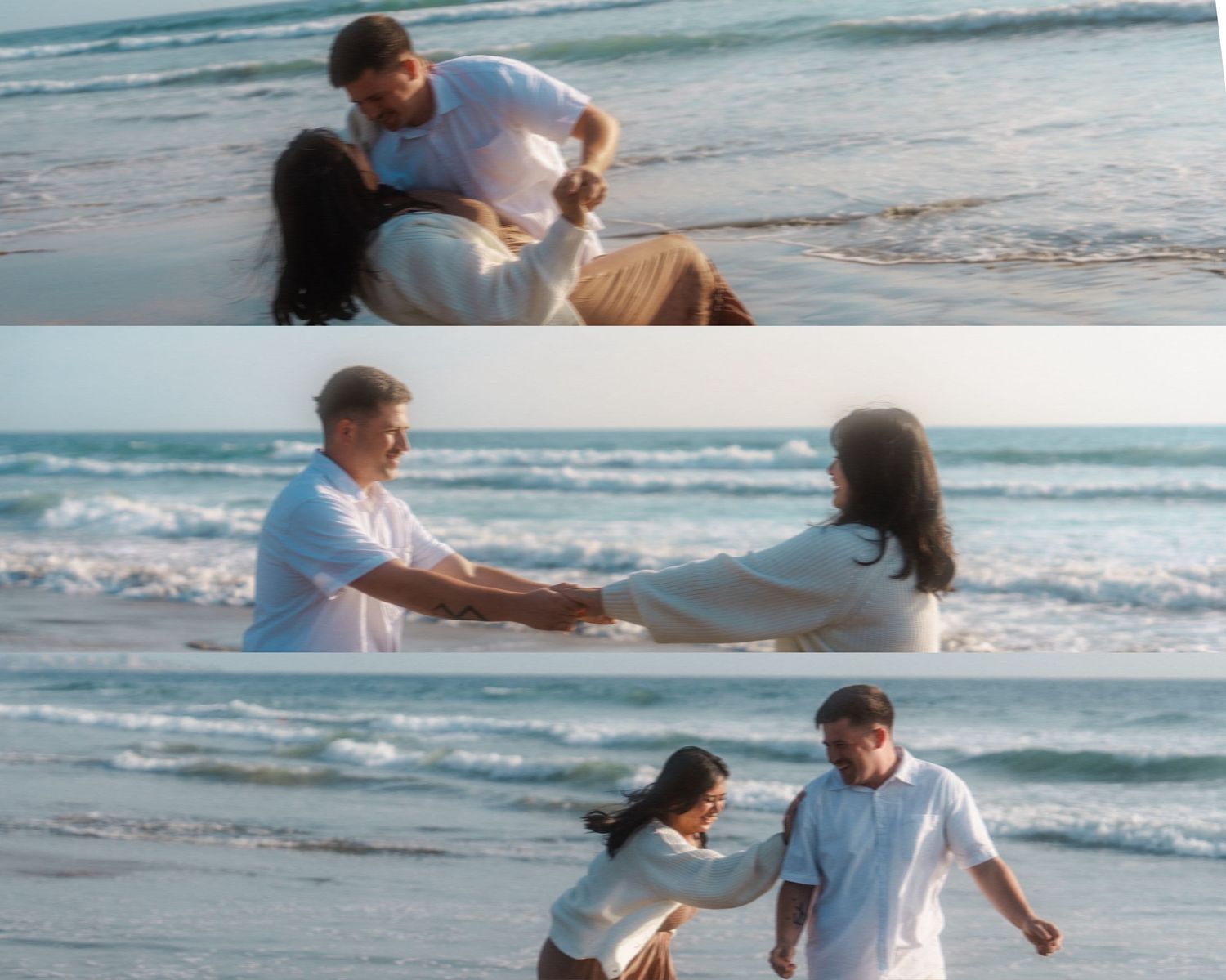 collage of cinematic photos at the beach for an engagement couple photoshoot