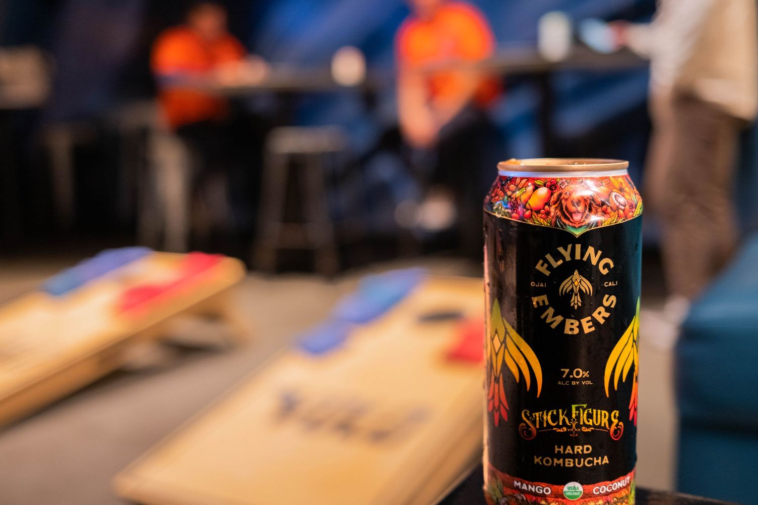 Flying Embers Hard Kombucha can displayed in front of cornhole boards at a casual indoor social gathering.