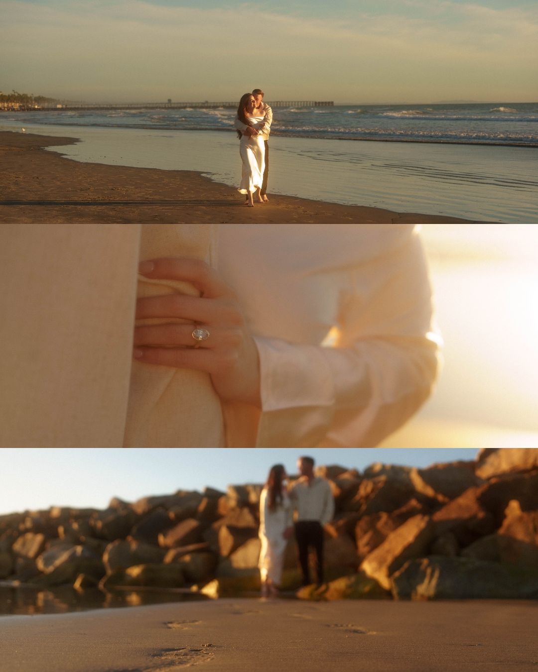 A couple walks along a serene beach at sunset with golden light reflecting off the ocean waves and sand.
