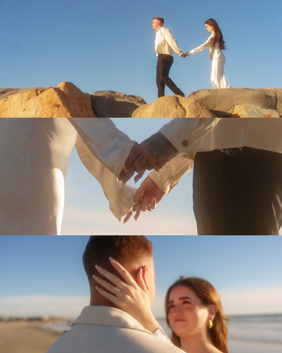 A couple embraces on a beach at sunset while holding hands and gazing at each other.