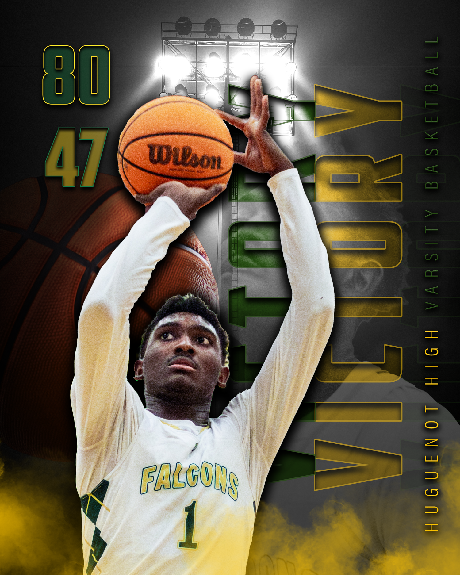 A graphic for a basketball teams victory.