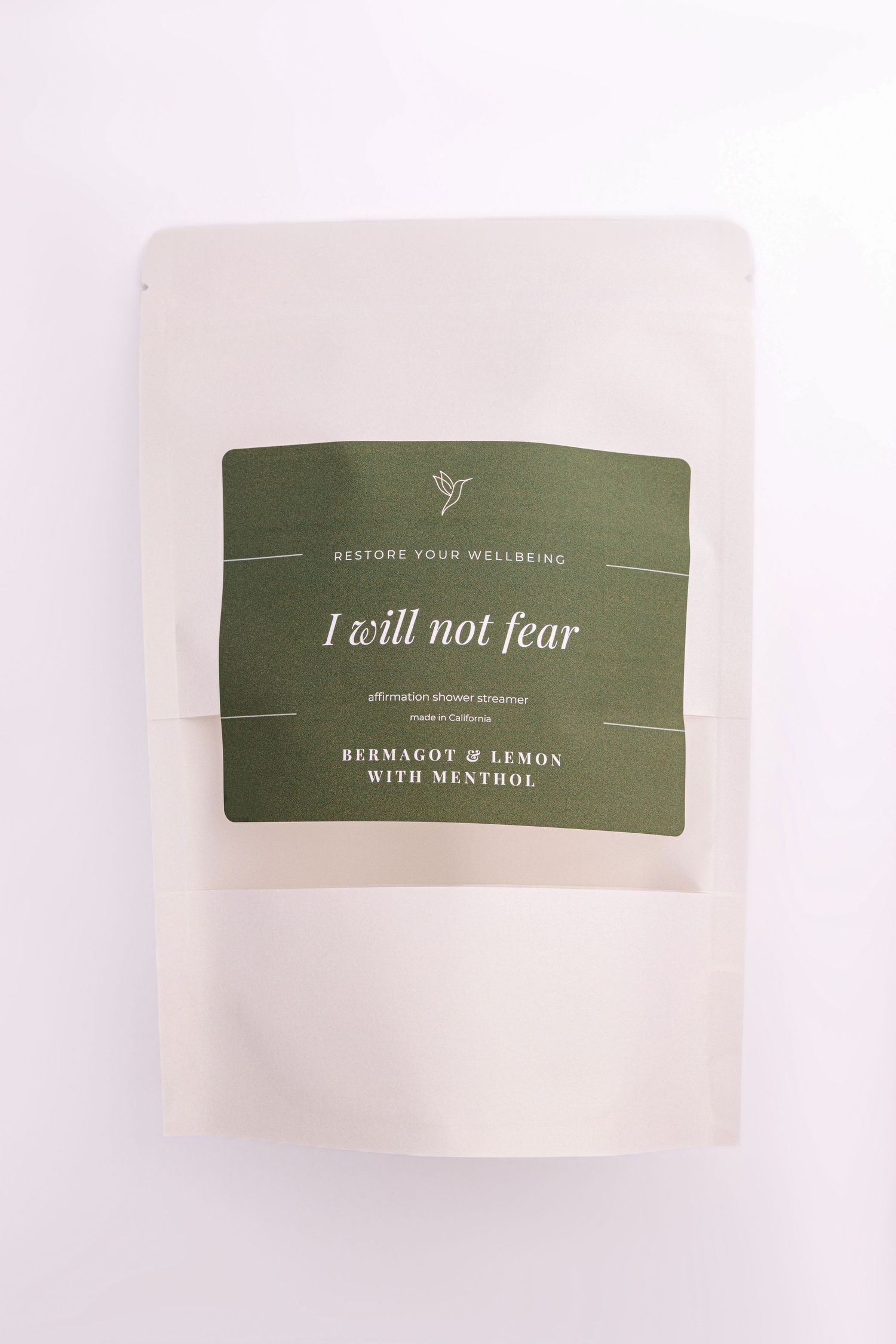 Elegant olive green and white product label featuring 'I will not fear' text for wellness items.