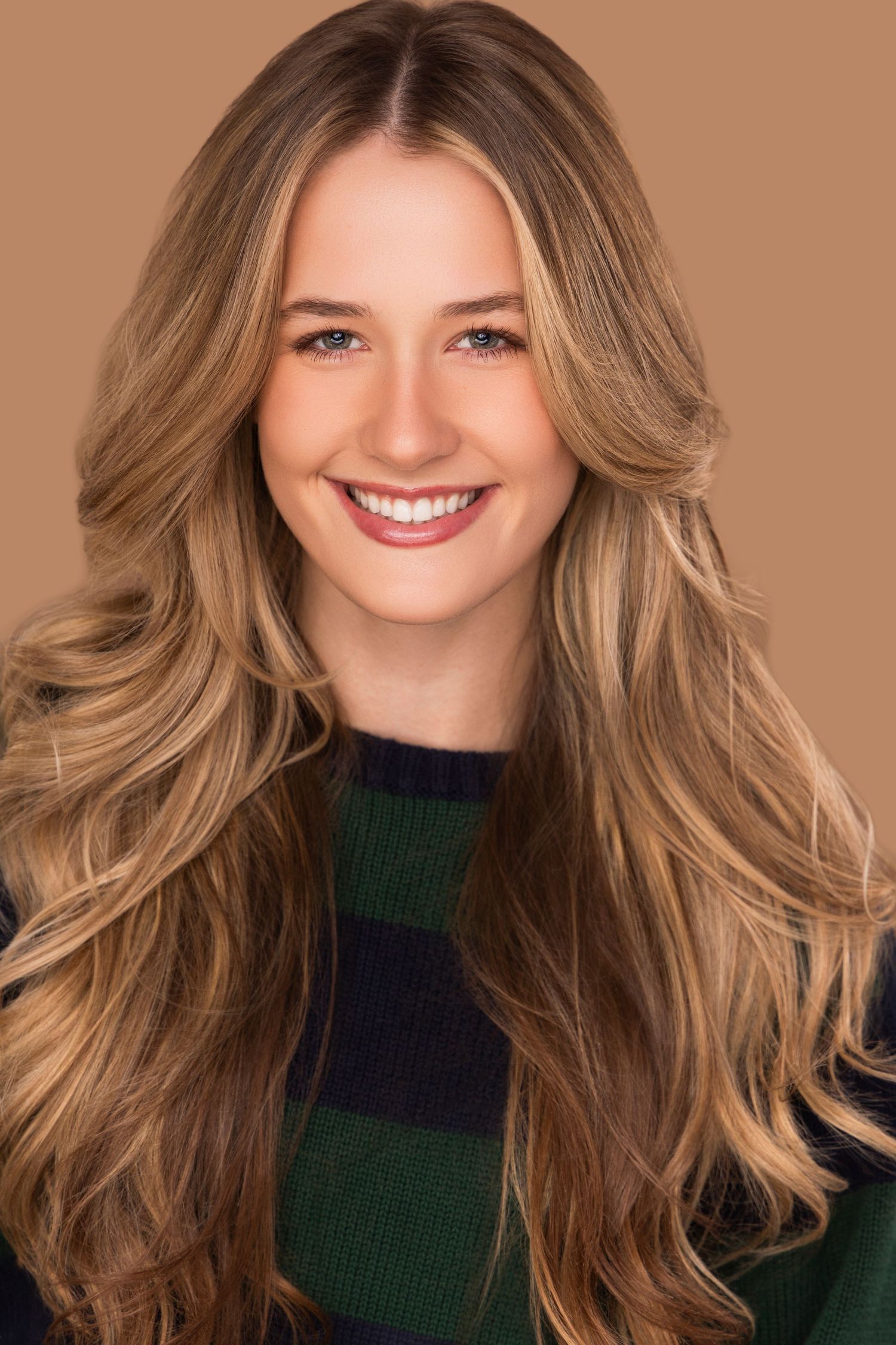 Portrait series showing a person with wavy blonde hair wearing a dark green turtleneck sweater against a brown backdrop.