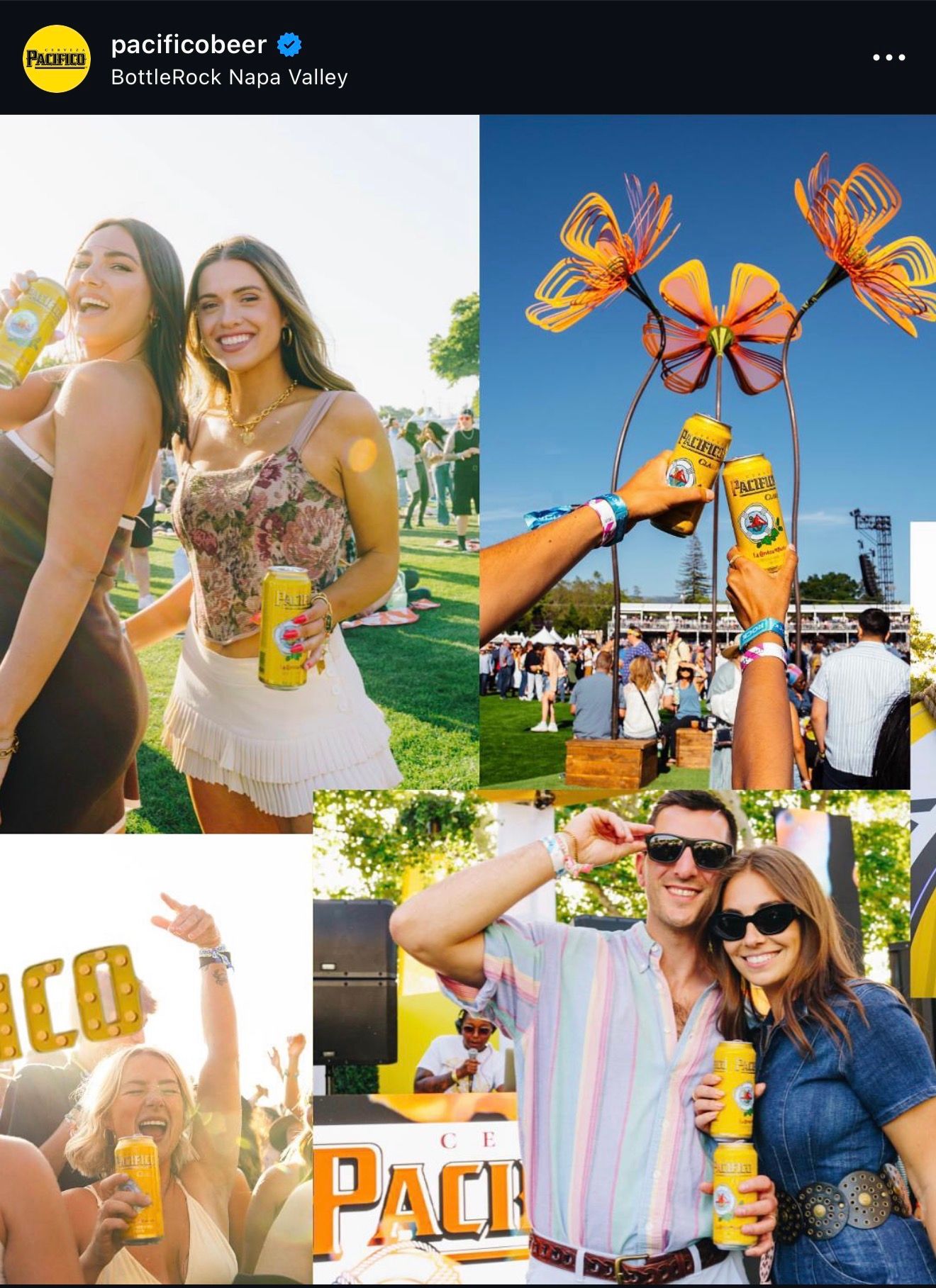 Festival-goers enjoy Pacifico beer cans at BottleRock Napa Valley, posing with yellow cans in sunny outdoor setting.