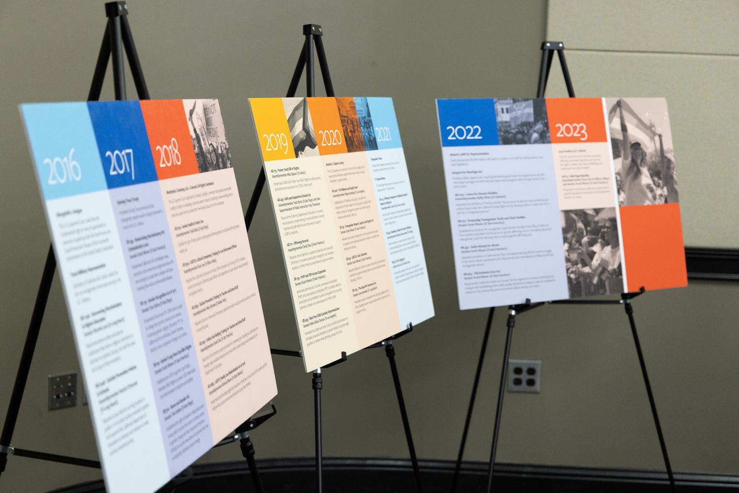 A row of white paper documents with blue and orange headers are displayed hanging on a wall with black clips.