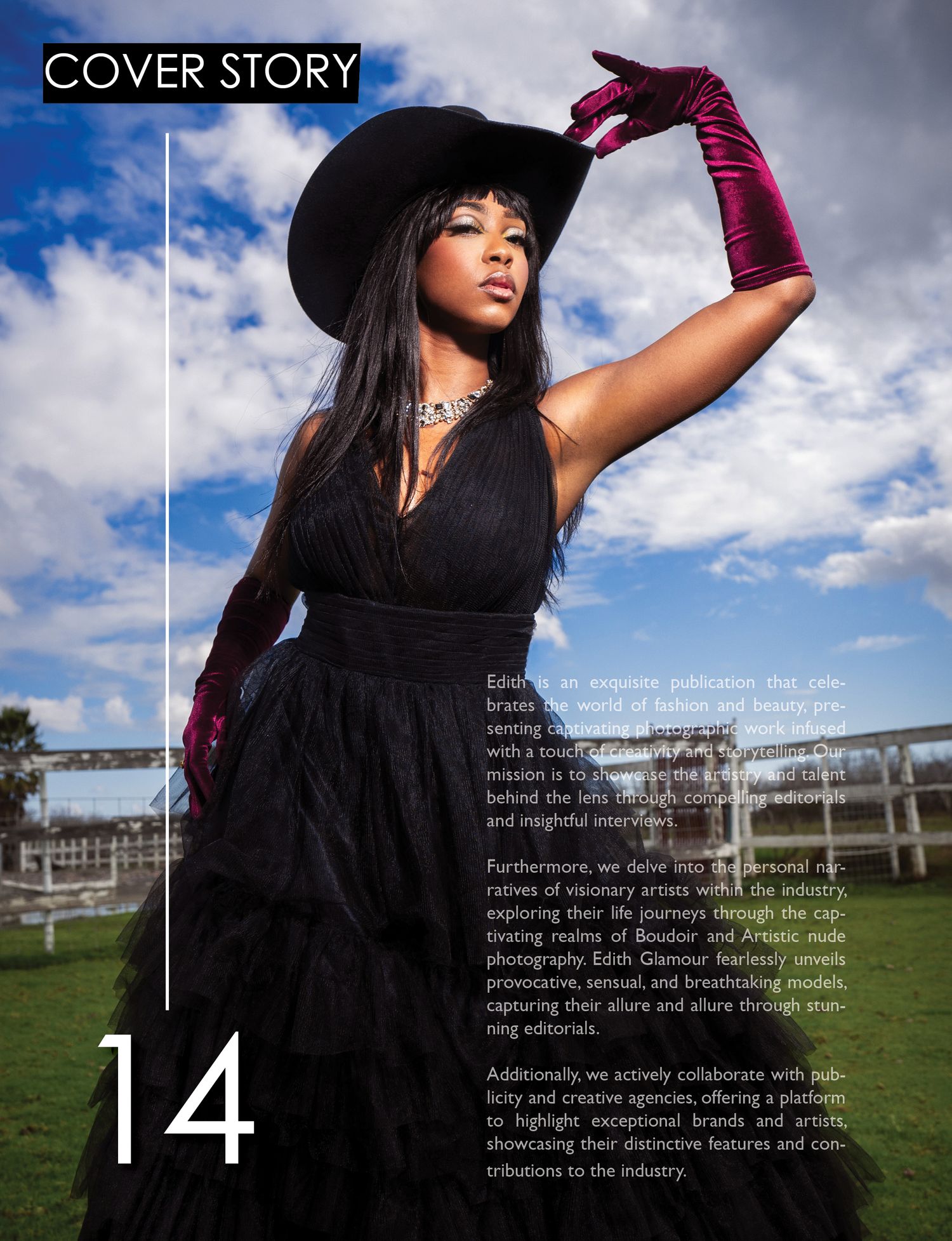 Editorial cover story photo with black dress and hat against cloudy sky.