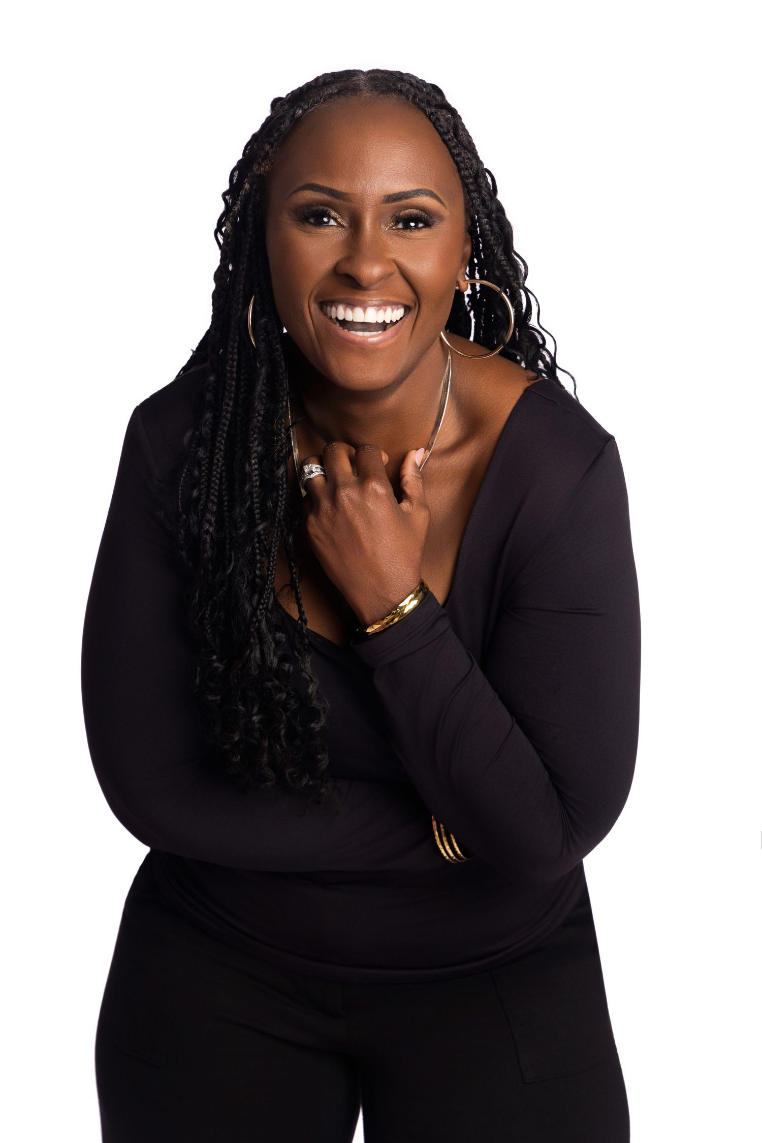 Four professional studio portraits show a person in a black top expressing joyful emotions against a white background.