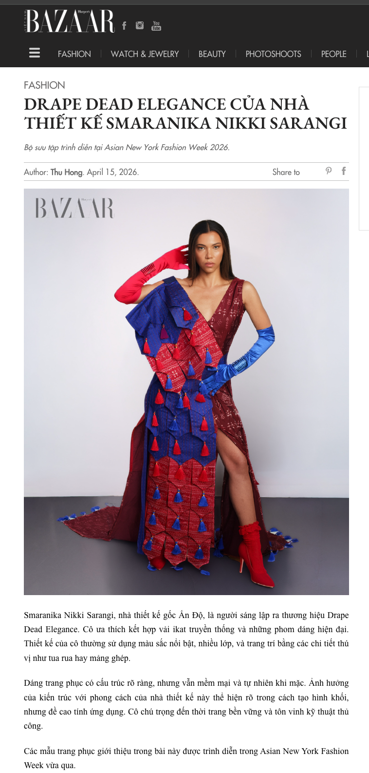 Model wearing a bold red and blue Drape Dead Elegance gown by Smaranika Nikki Sarangi at Asian New York Fashion Week 2026.