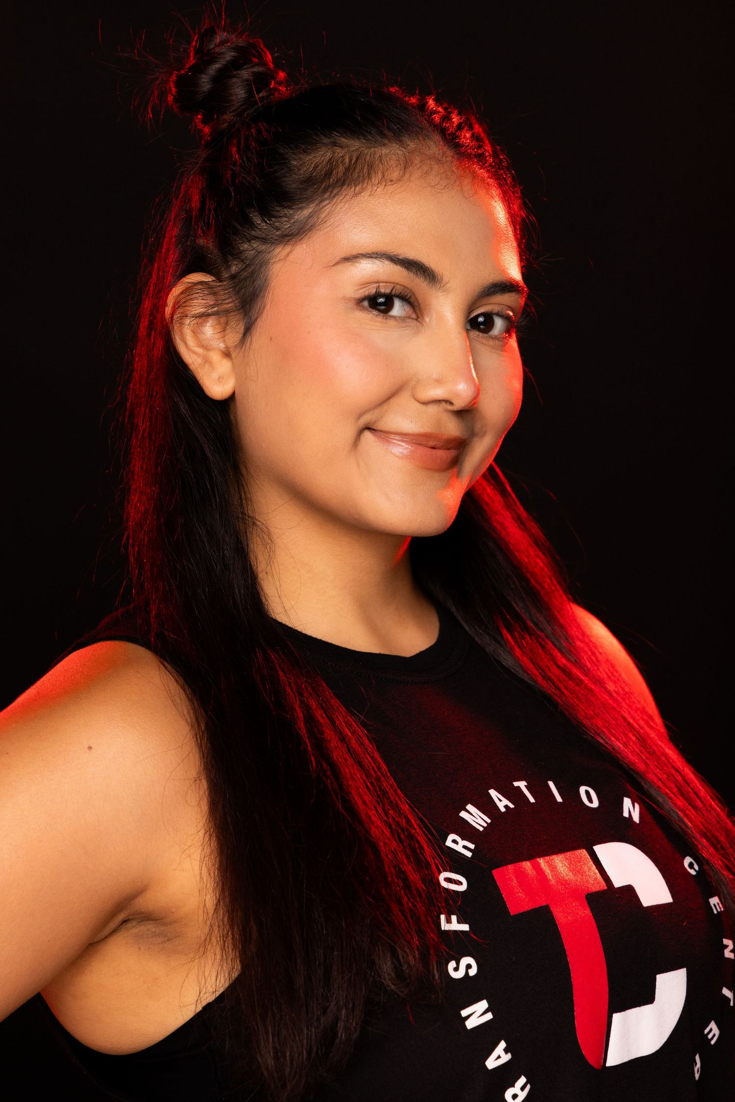 Portrait series with dramatic red lighting against black background showing different poses and expressions.