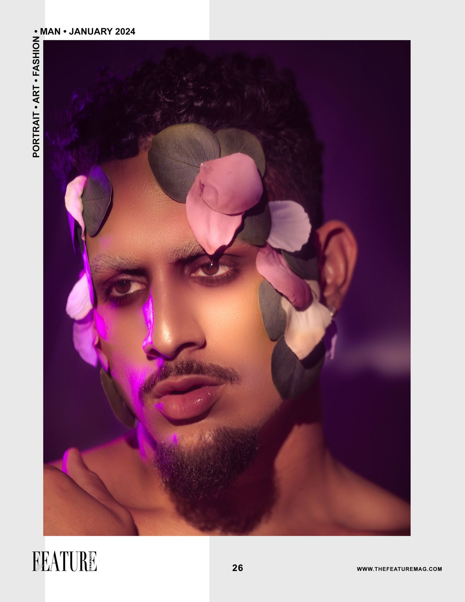 Artistic portrait featuring butterfly decorations and purple lighting against a dark background.
