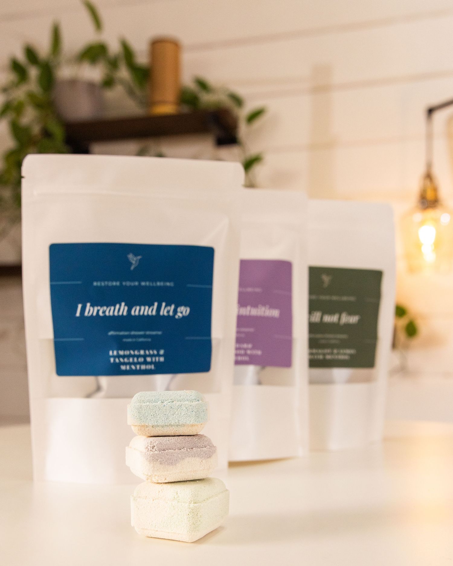 A collection of minimalist candles with inspirational text cards displayed on a white surface with green foliage in background.