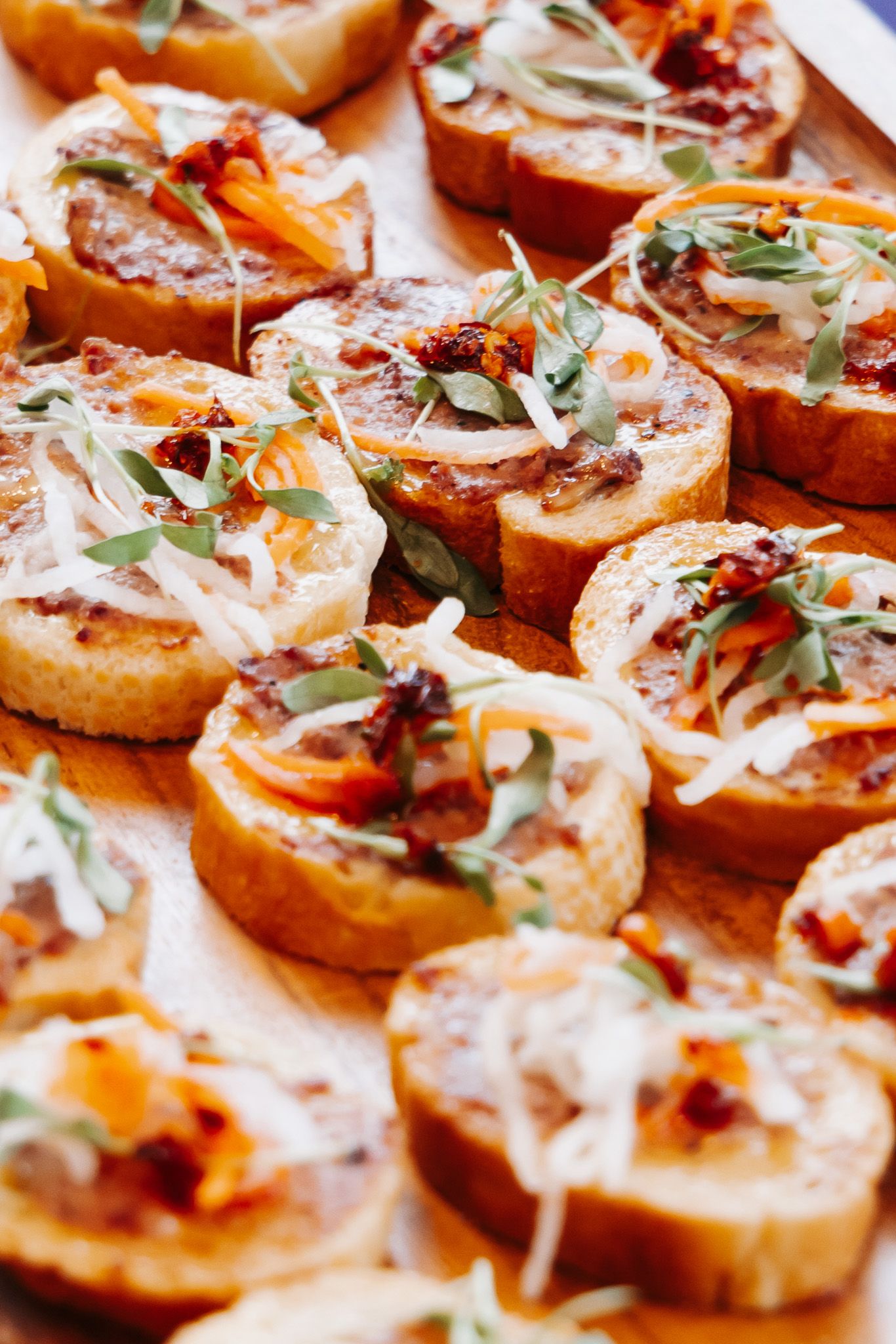 Closeup of toasted bread slices topped with melted cheese, herbs and seasonings arranged in rows.
