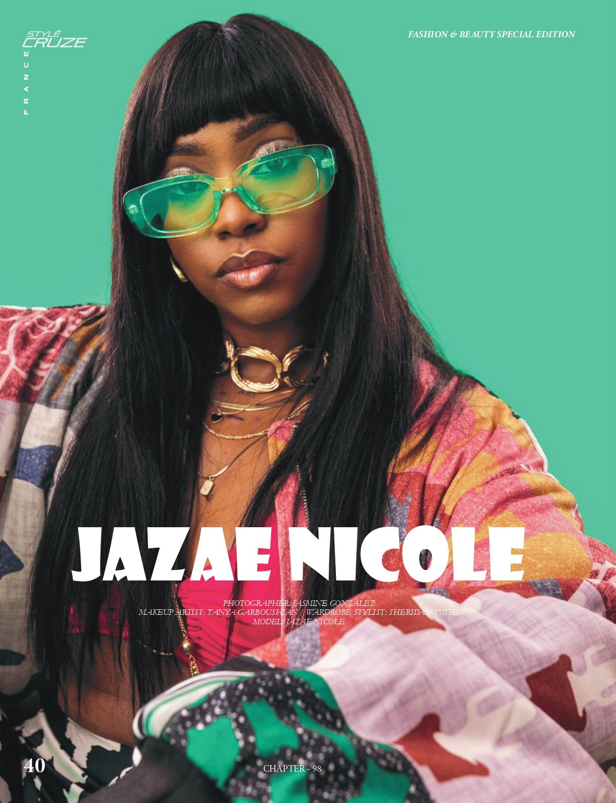 Fashion editorial featuring colorful sunglasses and vibrant clothing against a mint green background.