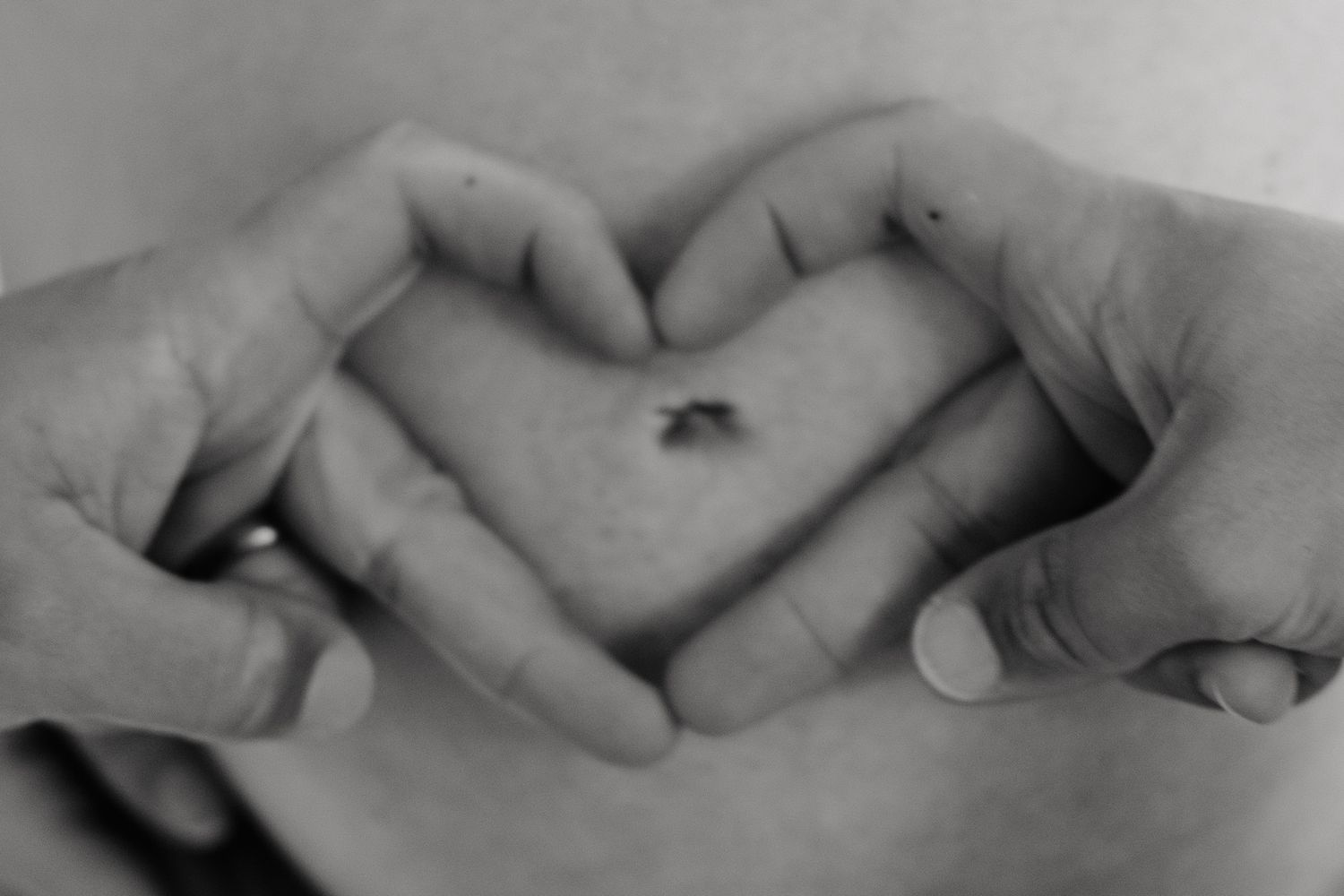Black and white close-up photo of hands gently touching and intertwining against a soft blurred background.