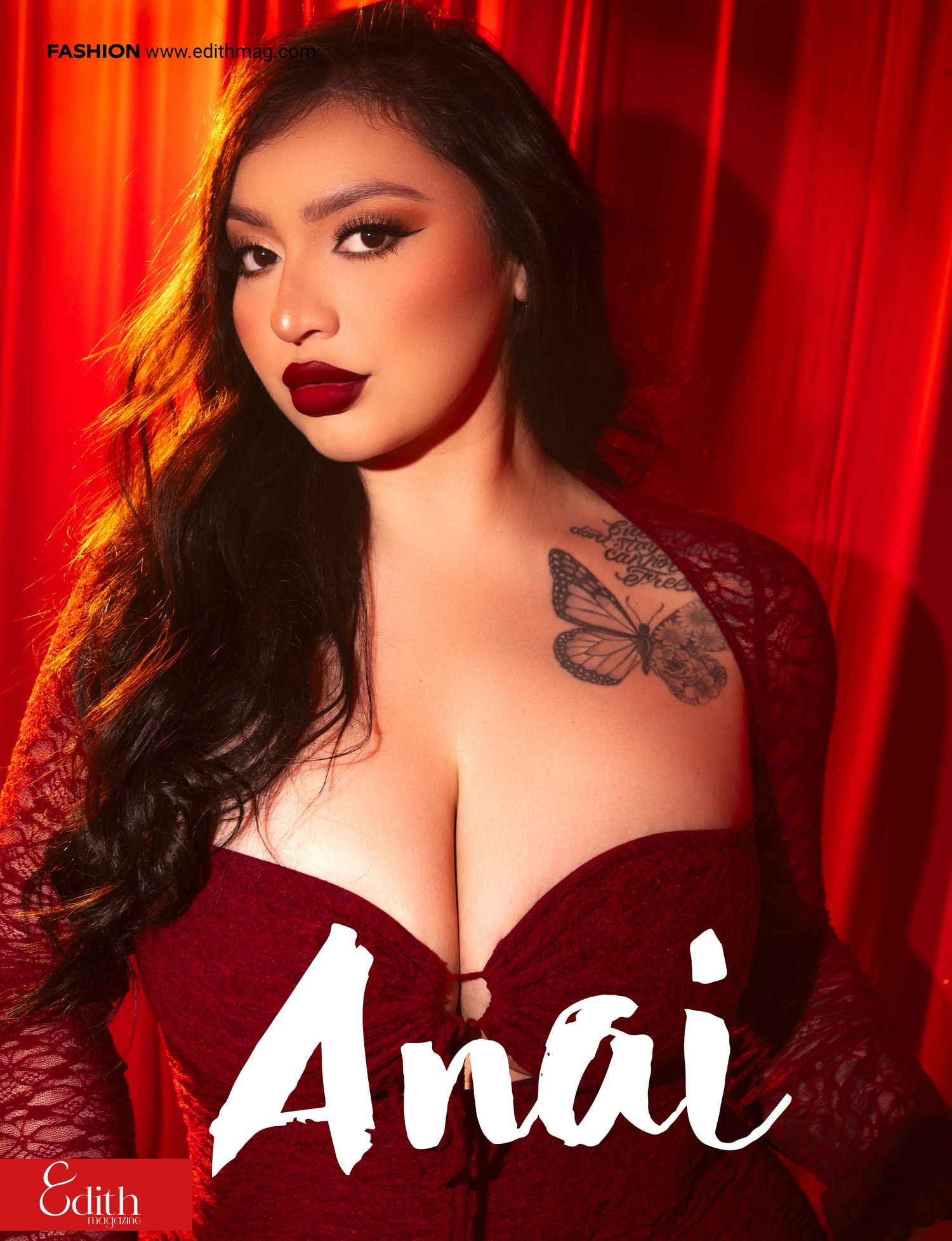 Glamour portrait series with red velvet curtain backdrop and dramatic makeup styling.