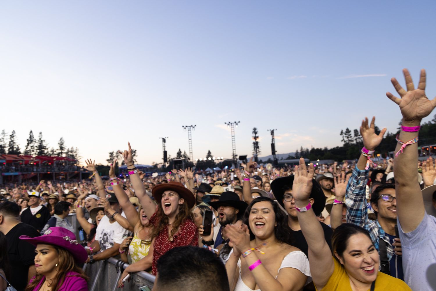 Large festival crowd with raised hands against blue sky during outdoor concert event.