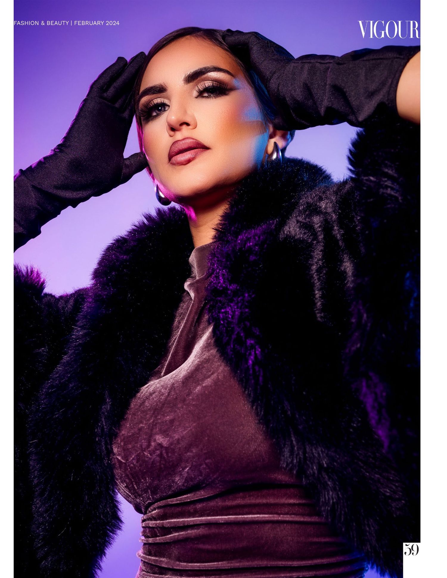 Glamorous fashion photo with purple lighting featuring model in velvet and fur.