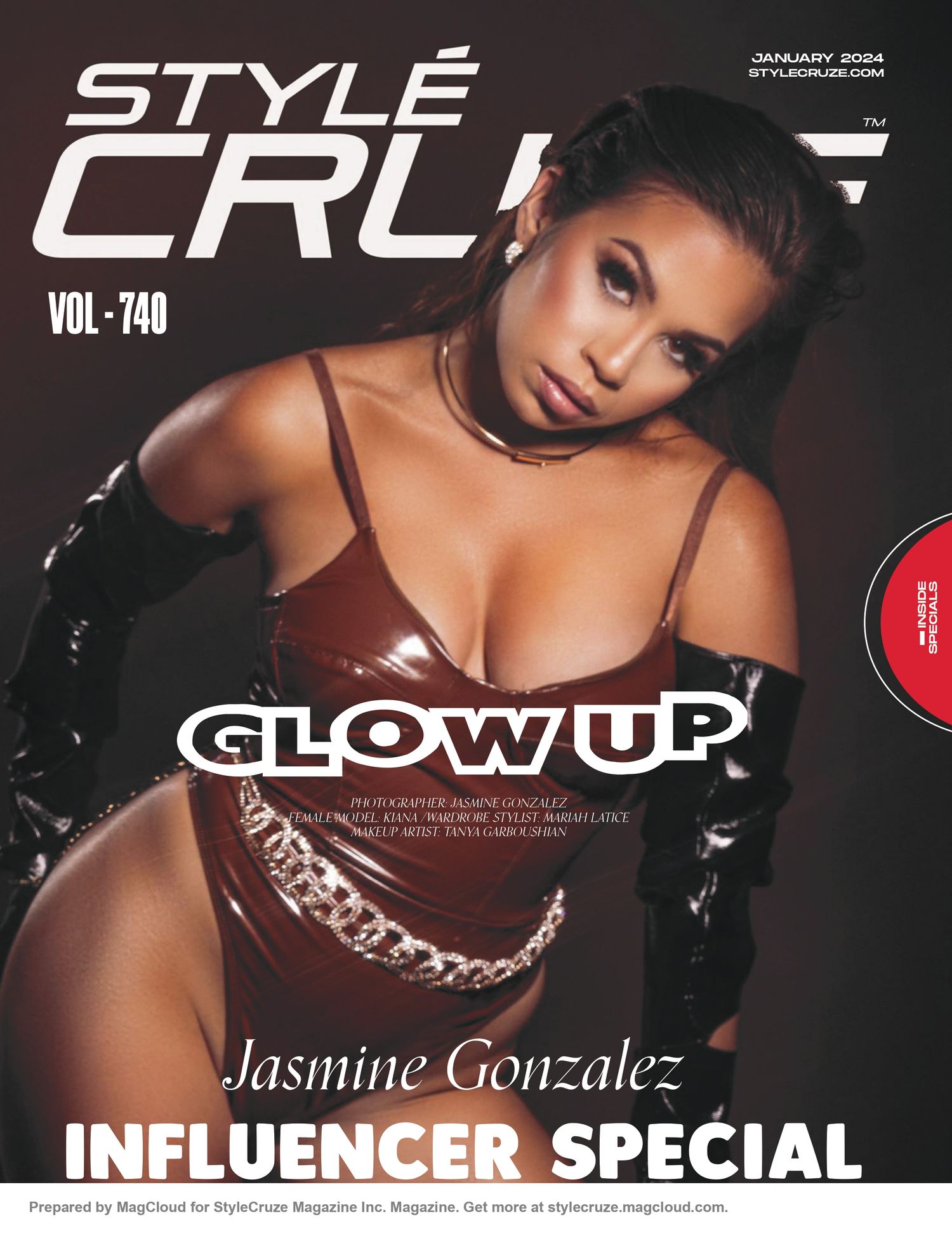 Fashion magazine cover with bold GLOW UP text featuring glamorous styling and red lighting effects.