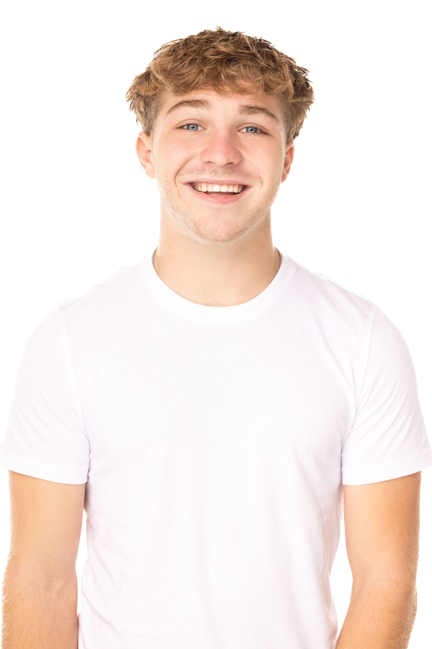 Three people wearing white t-shirts stand together smiling against a light background.