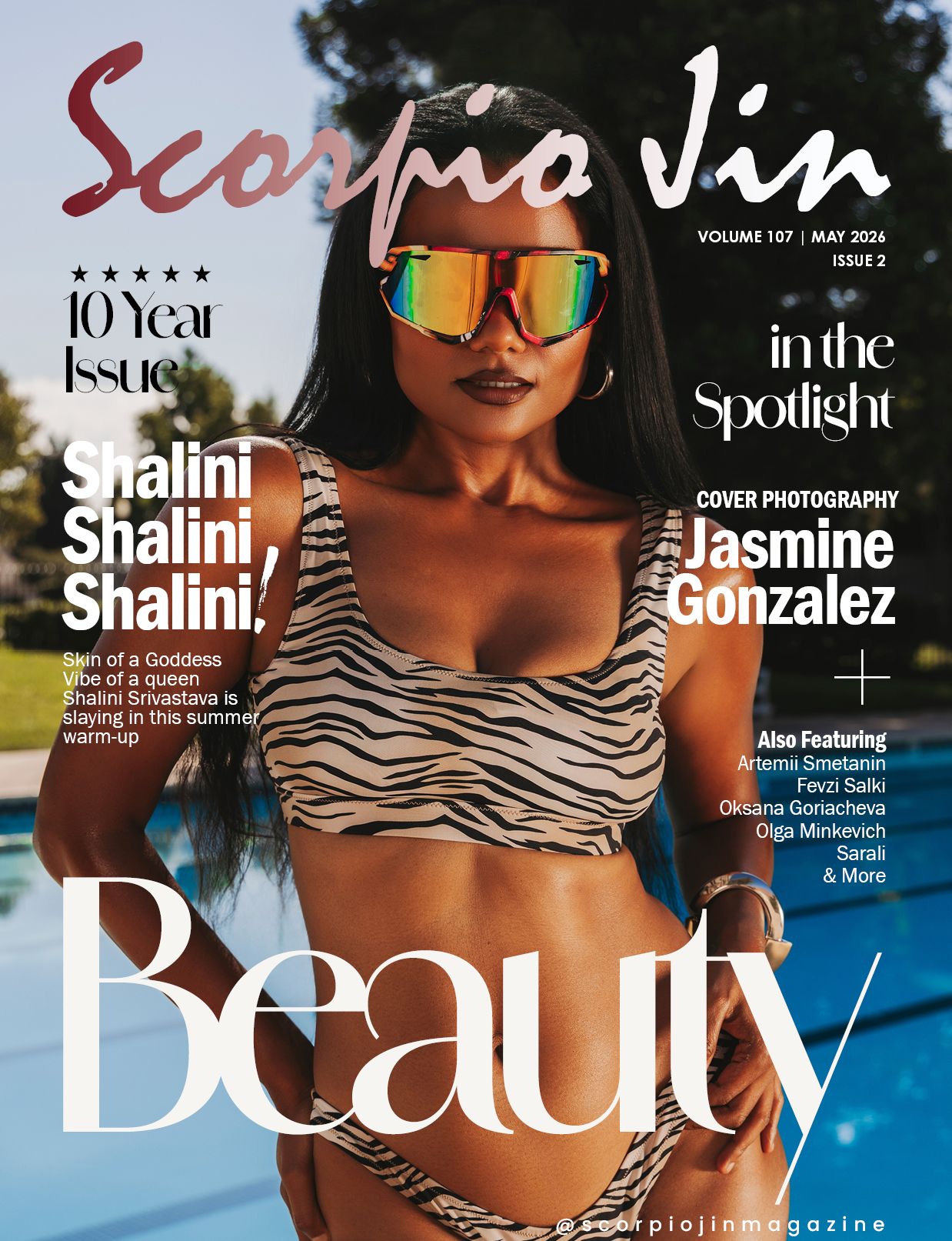 Scorpia Jin magazine cover featuring model Shalini Srivastava in a tiger print bikini.