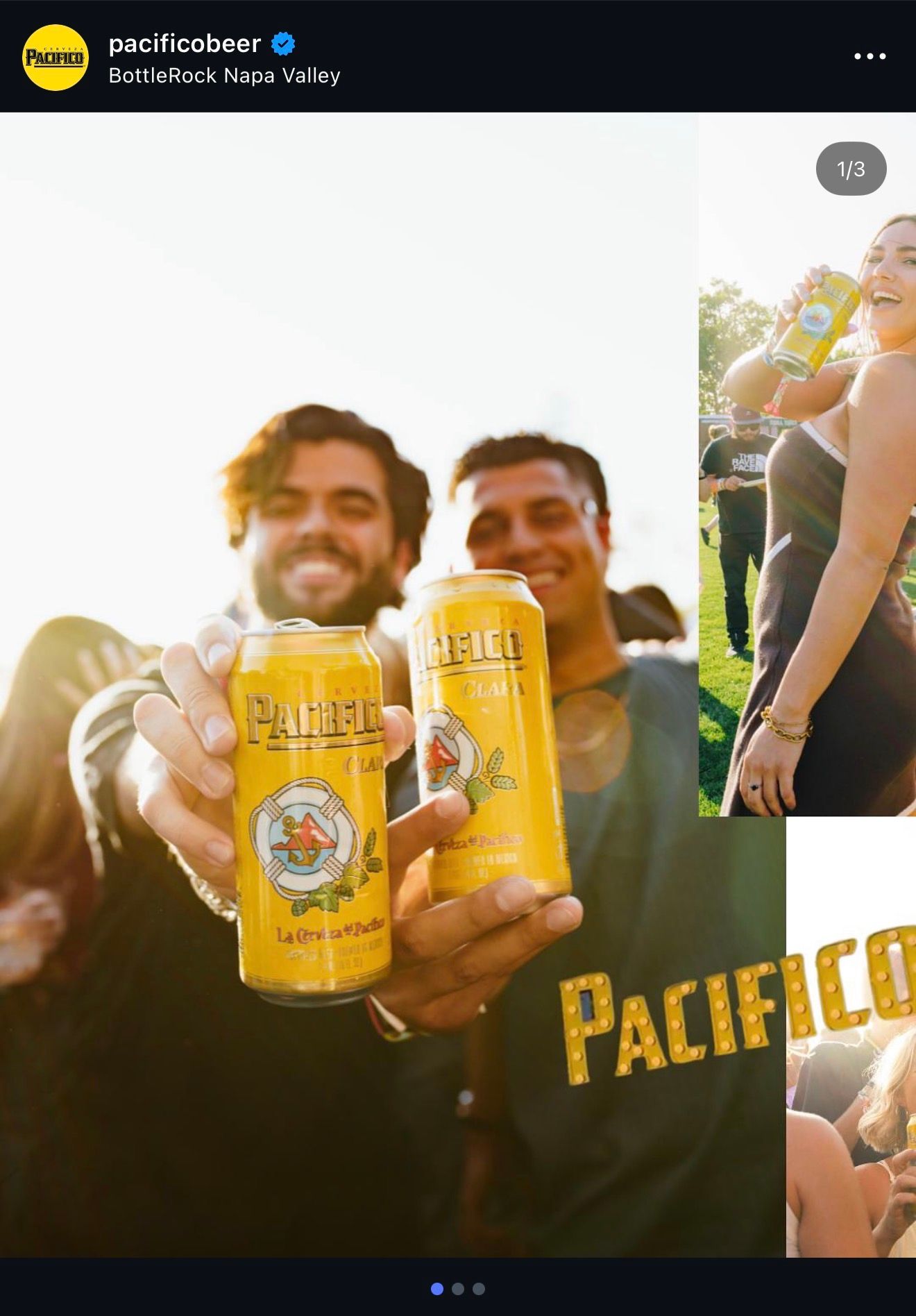 Friends cheering with Pacifico beer cans at BottleRock Napa Valley music festival outdoors.