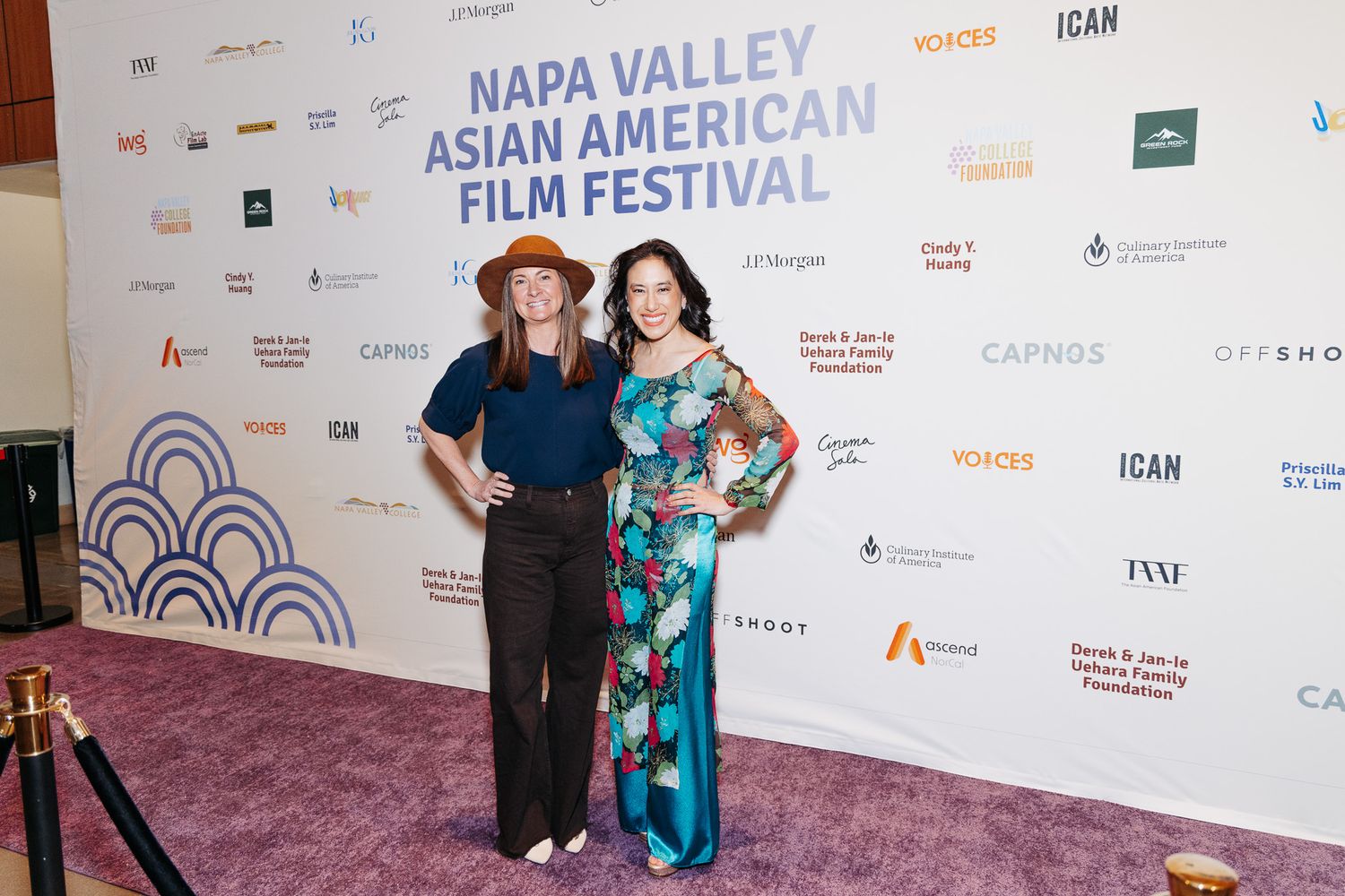 Event backdrop showing Napa Valley Asian American Film Festival branding and sponsor logos.