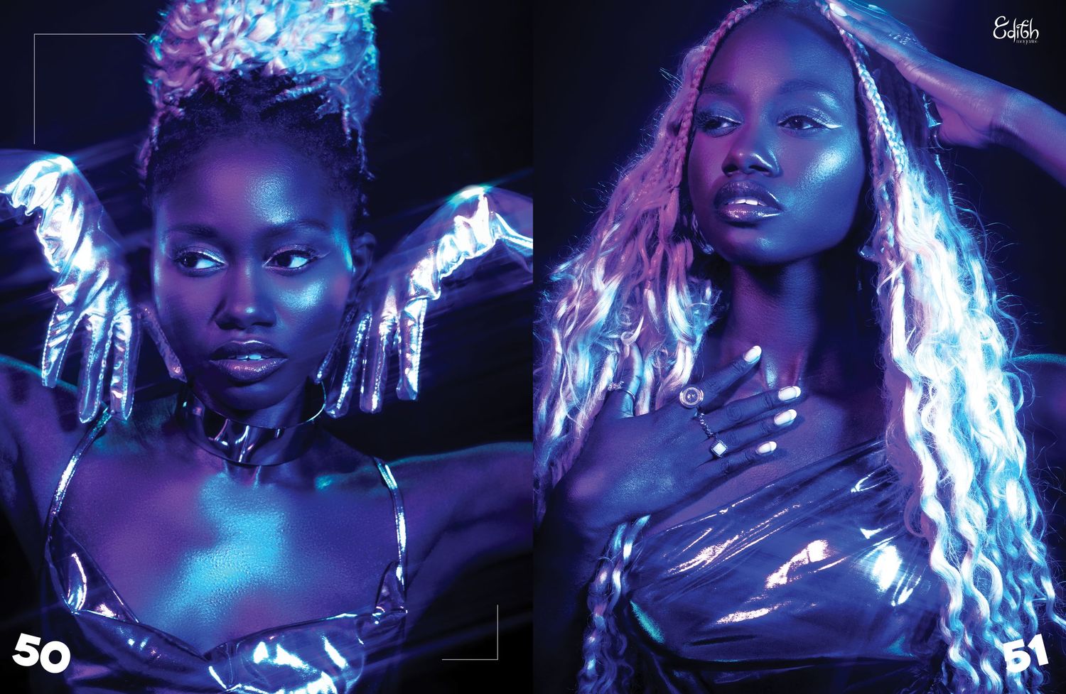 Artistic fashion portrait with glowing neon blue lighting and ethereal styling effects.